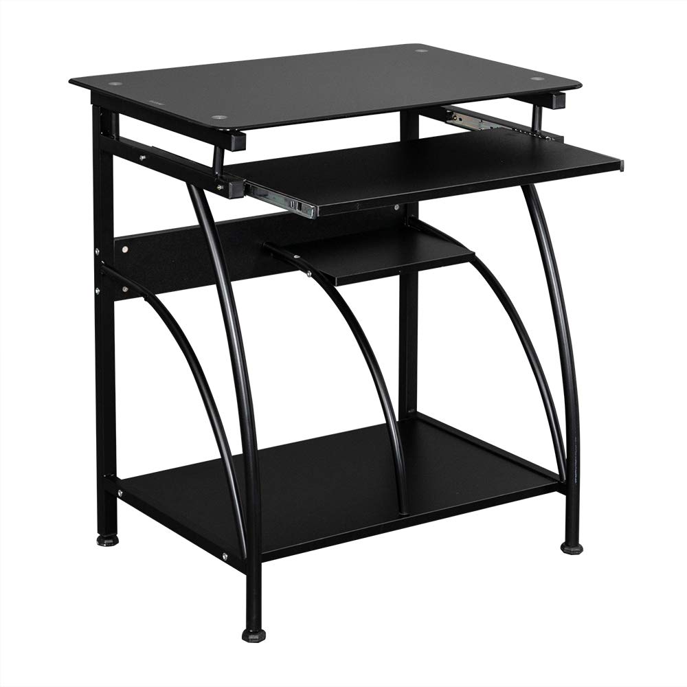 FCH Small Computer Desk with Keyboard Tray & Storage Shelves - Sturdy Steel Metal Standing Desk with Tempered Glass Top for Home Office, Gaming Setup & Workspace - Black Modern Workstation for Small Spaces