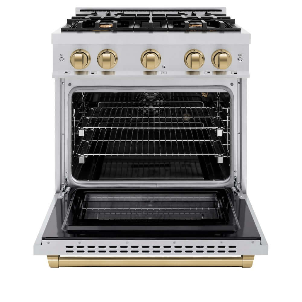 ZLINE Autograph Edition 30-inch 4.2 cu. ft. Gas Range with 4 Burner Cooktop & Convection Oven - Stainless Steel with Champagne Bronze Accents (HGRZ 30 CB) - Perfect for Modern Kitchens & Professional Cooking
