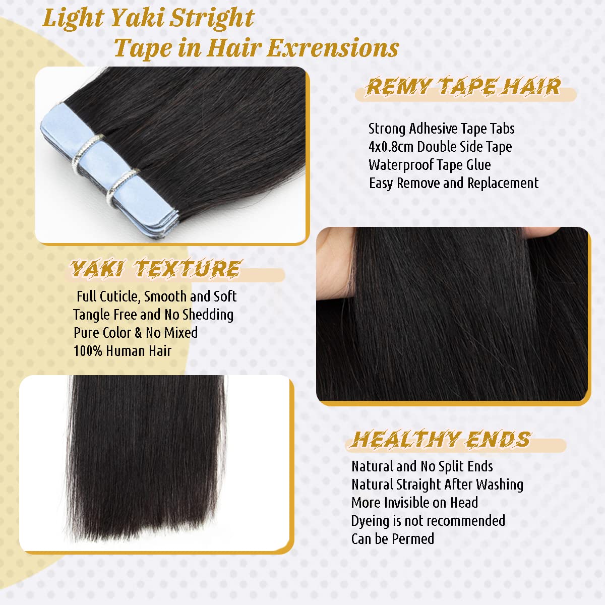 24 Inch Yaki Straight Tape in Hair Extensions - 100% Real Human Hair, 20PCS Invisible PU Skin Weft, Natural Black - Perfect for Black Women (50g) | Great for Daily Styling, Special Occasions & Protective Hairstyles