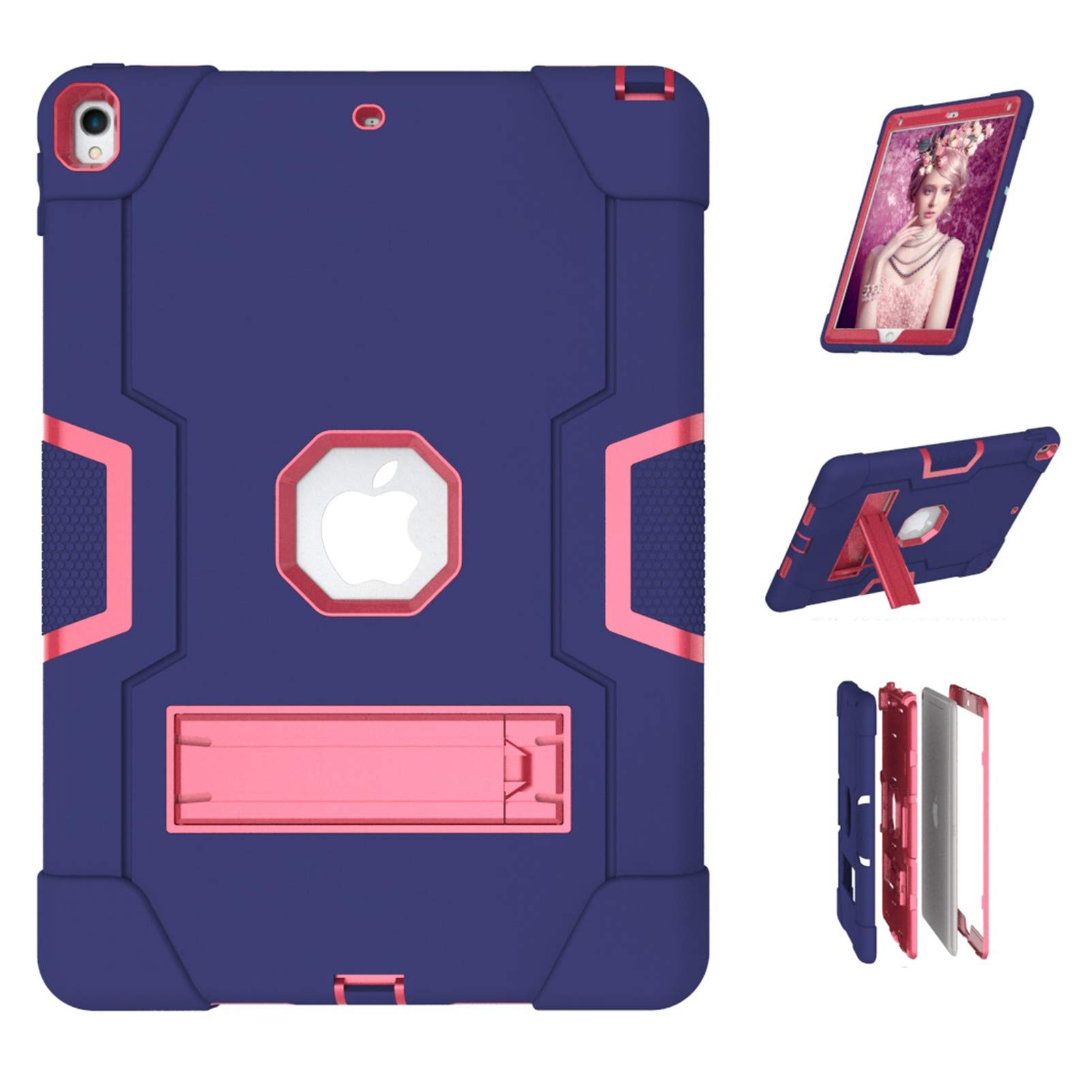 Premium 3-in-1 Hybrid Protective Case for iPad Air 3 & iPad Pro 10.5 Inch - Heavy Duty Rugged Stand Cover with Shockproof, Anti-Slip, Anti-Scratch Protection (Blue/Rose Red) - Perfect for Work, Travel & Outdoor Use