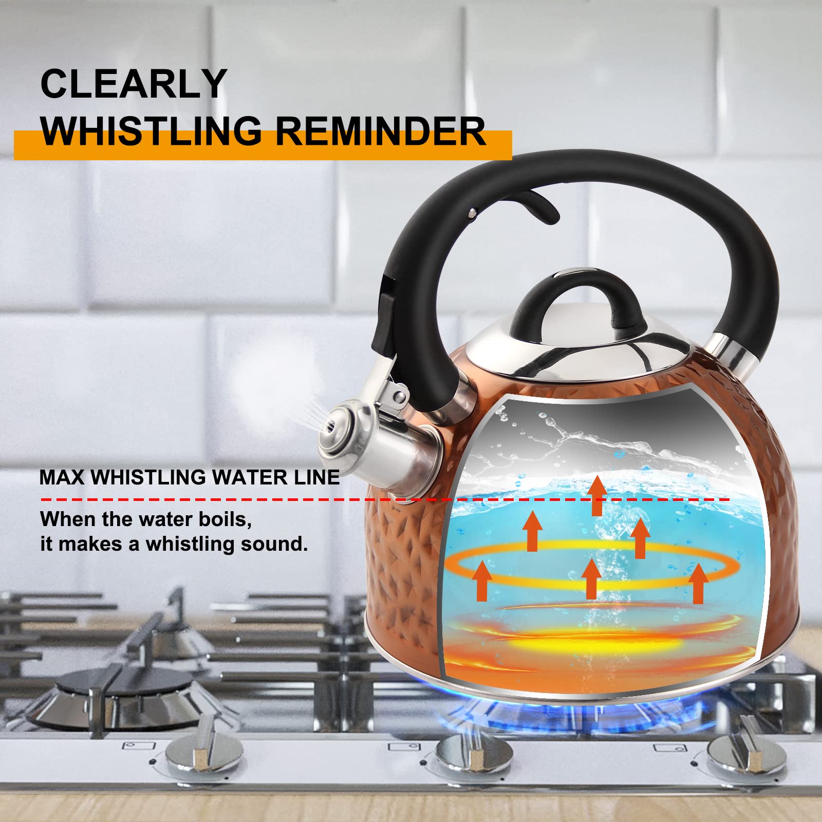 Premium Copper Tea Kettle with Whistle - 3.2 Quart Stainless Steel Teapot with Unique Button Control & Loud Whistle - Food Grade Safe for Boiling Water - Perfect for Home, Office & Tea Ceremonies (Bronze)
