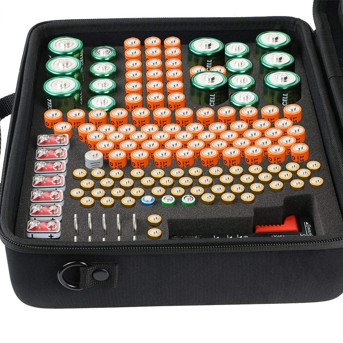 CO2CREA Battery Storage Organizer Case - Holds 153 Batteries (3V, 9V, AA, AAA, C, D, Coin, Button Cell) - Durable Household & Travel Battery Organizer Box for Alkaline Batteries - Perfect for Home, Office, Car, and Emergency Kits