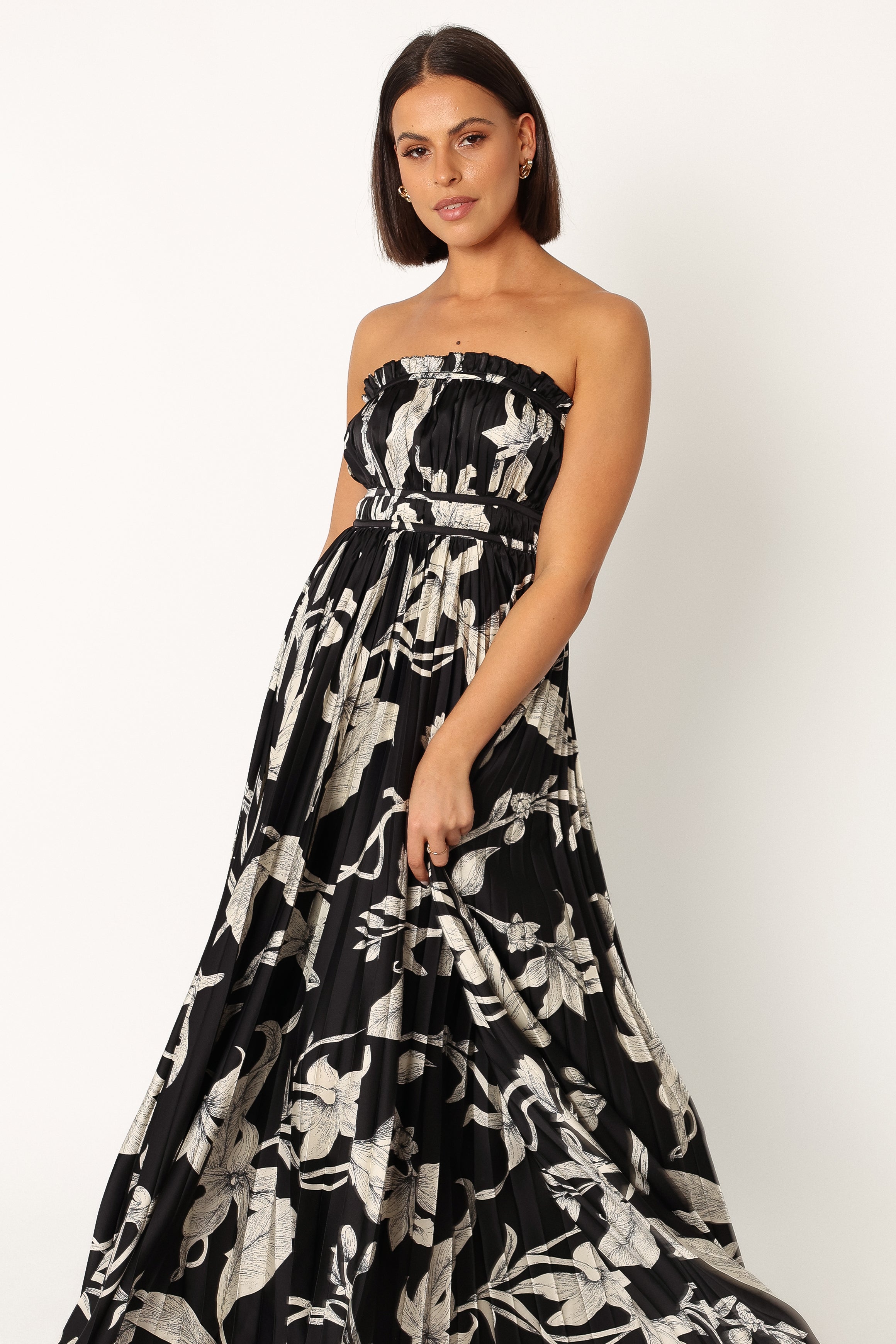 Angelique Strapless Maxi Dress - Black Floral Print Long Evening Gown for Women | Perfect for Weddings, Parties & Special Occasions