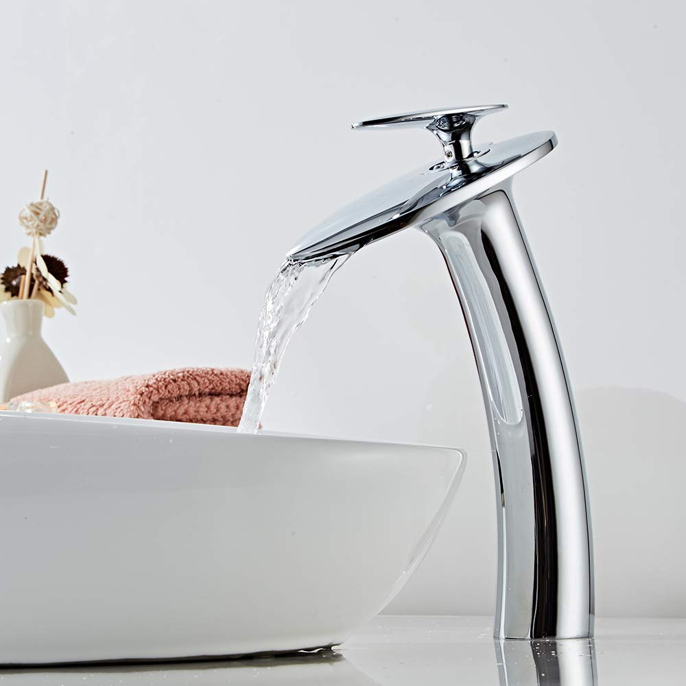 Chrome Waterfall Bathroom Sink Faucet - Single Handle Vessel Lavatory Faucet with Supply Hose, Tall Slanted Body Basin Mixer Tap for Modern Vanities | Perfect for Bathroom Renovation & Luxury Home Decor