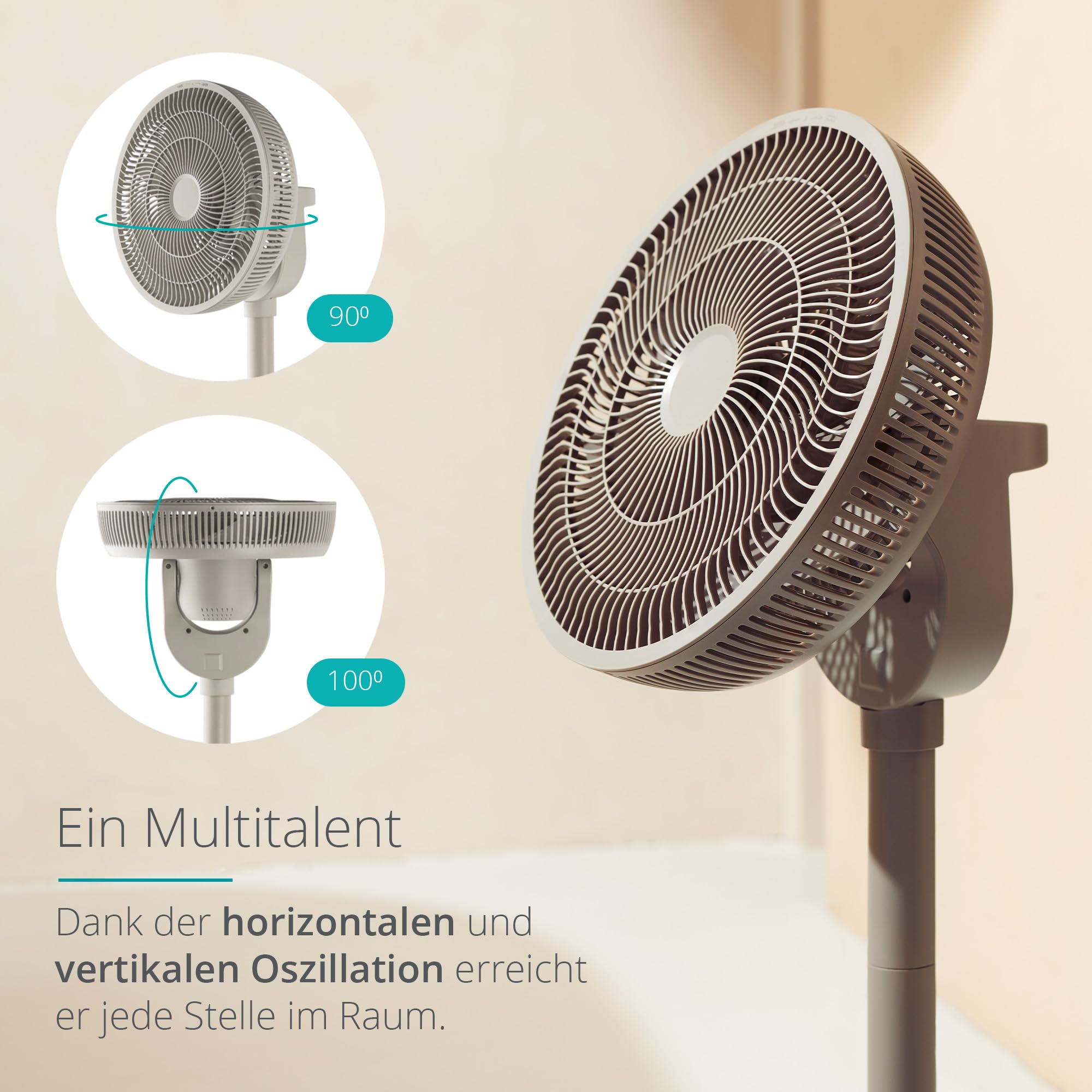 Duux Whisper Flex Smart Stand Fan - Remote & Smartphone Control - Adjustable Height 51-88cm - Quiet Fan with Night Mode & Timer - Energy Efficient, Battery-Free - Greige - Perfect for Bedroom, Office & Living Room Cooling