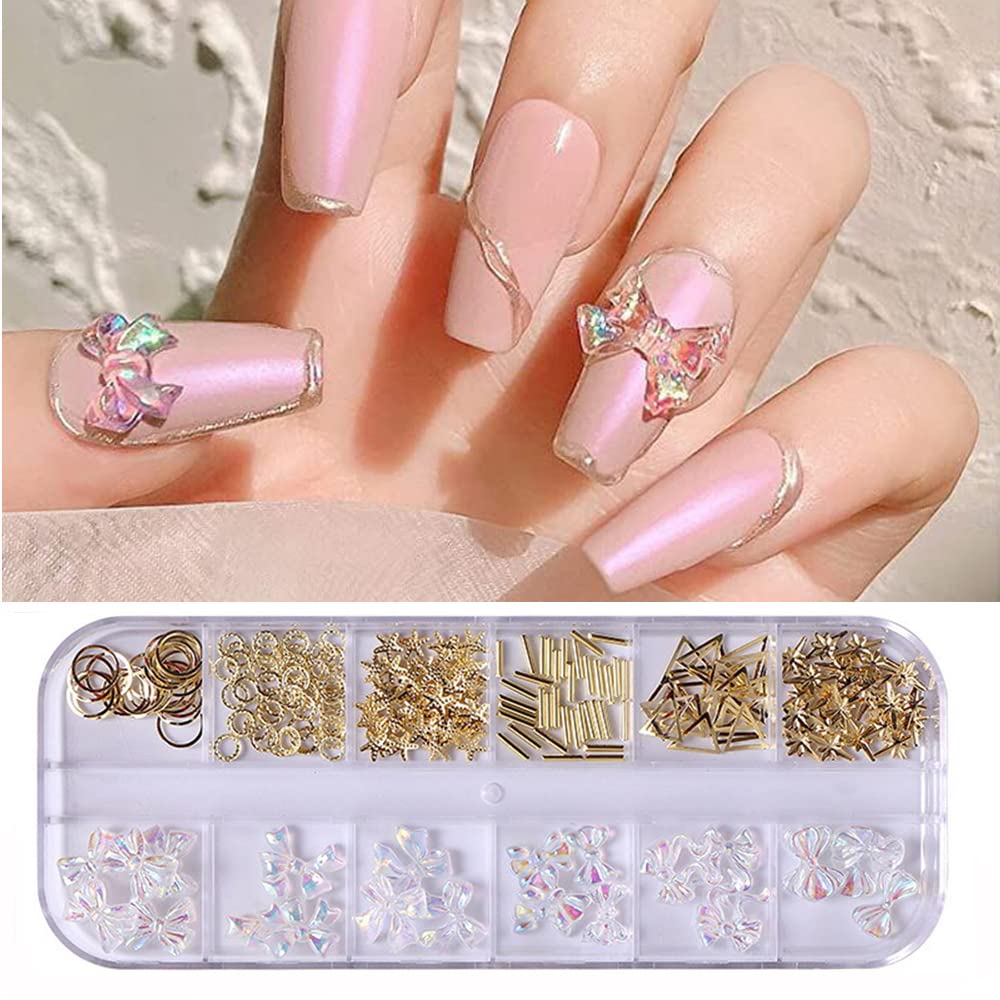 3D Aurora Bowknot Nail Art Kit - 12 Grids Metal Studs for DIY Manicure - Fashion Nail Decoration Accessories for Women and Girls - Perfect for Parties, Weddings, and Special Occasions