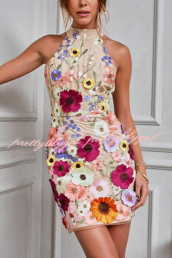 Floral Applique Halter Mini Dress for Women - Elegant Summer Party & Wedding Guest Outfit