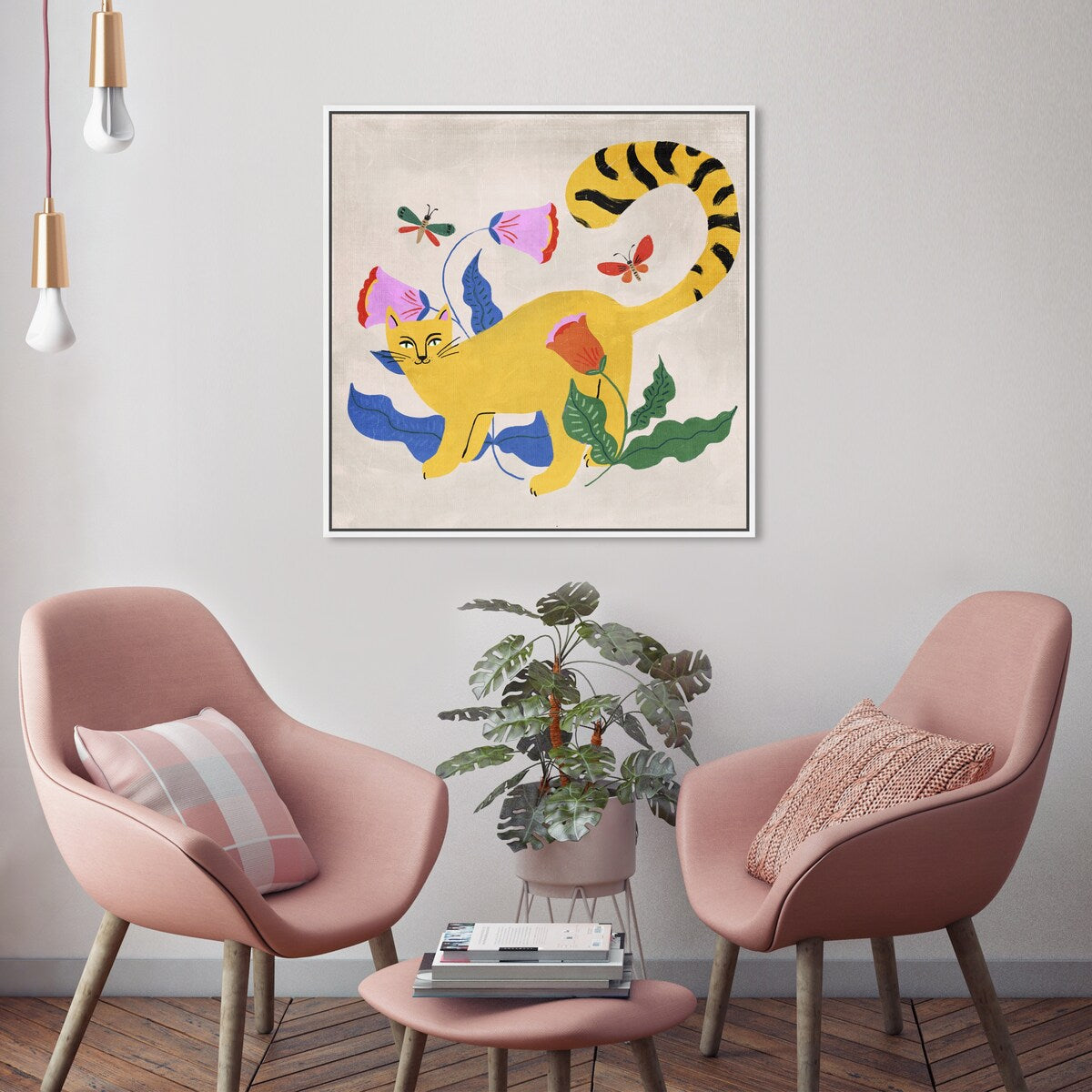 Blonde Tabby Floral Kitten Butterfly Garden Modern Yellow Framed Canvas Wall Art Print - Home Decor for Bedroom, Living Room & Nursery