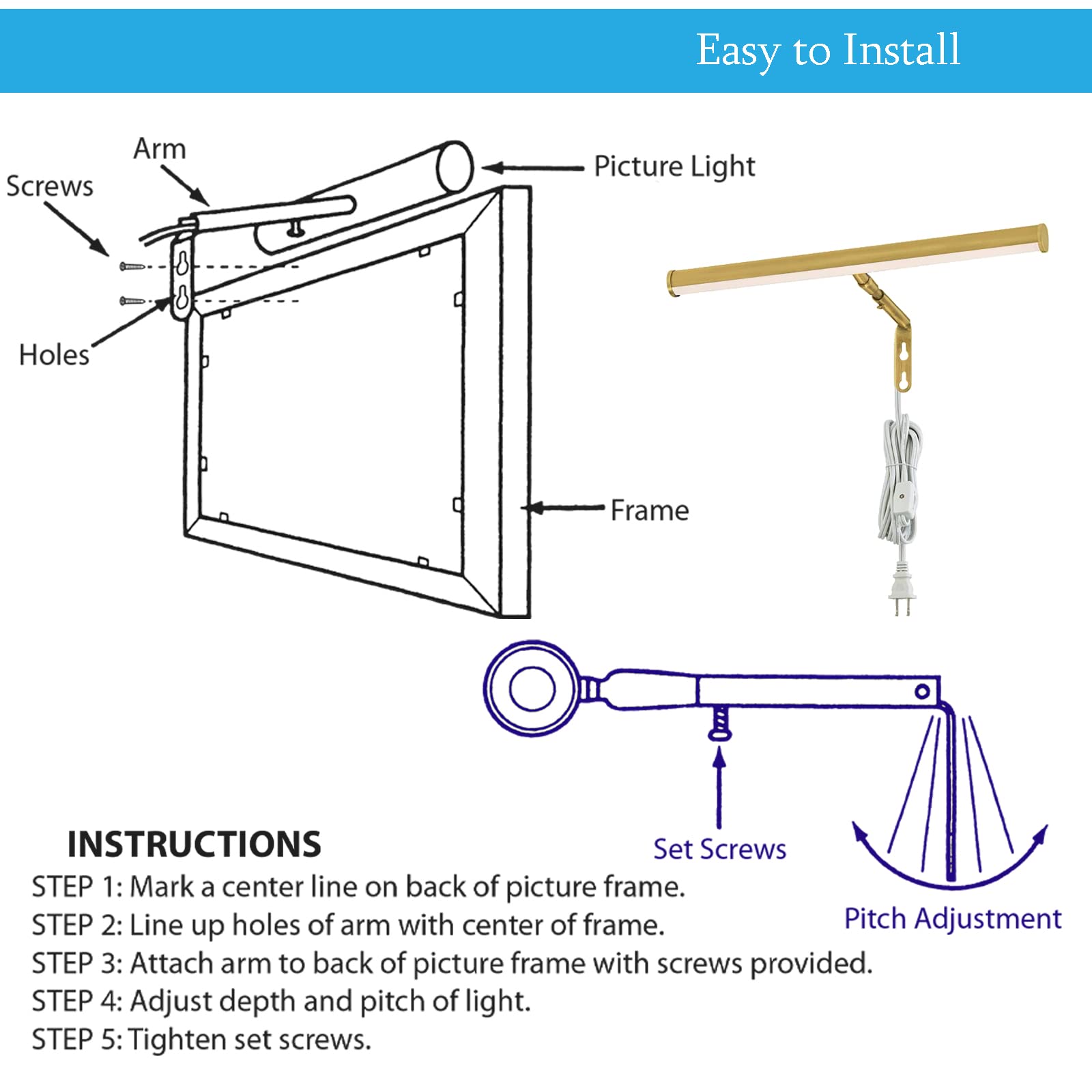 Ciata 14-Inch Adjustable LED Picture Light for Wall Art - 15W Metal Frame Light with E12 Candelabra Base & On/Off Switch - Polished Brass Artwork Lighting for Galleries, Museums & Home Decor