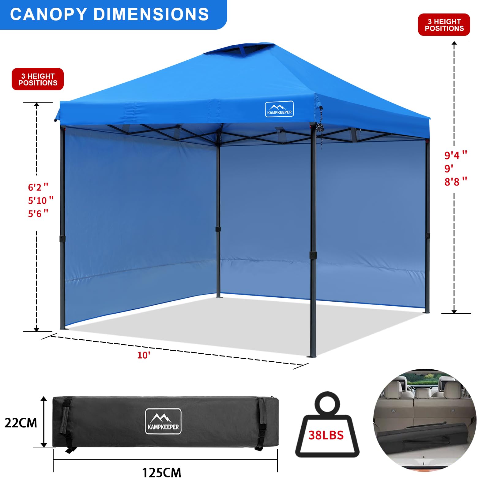 KAMPKEEPER 10x10 FT Pop Up Canopy Tent with 2 Sidewalls - Portable Instant Shelter for Beach, Camping, Backyard, Picnic & Outdoor Events - Includes 4 Weight Bags & Carry Bag - Waterproof UV Protection Sun Shade Gazebo (Blue)