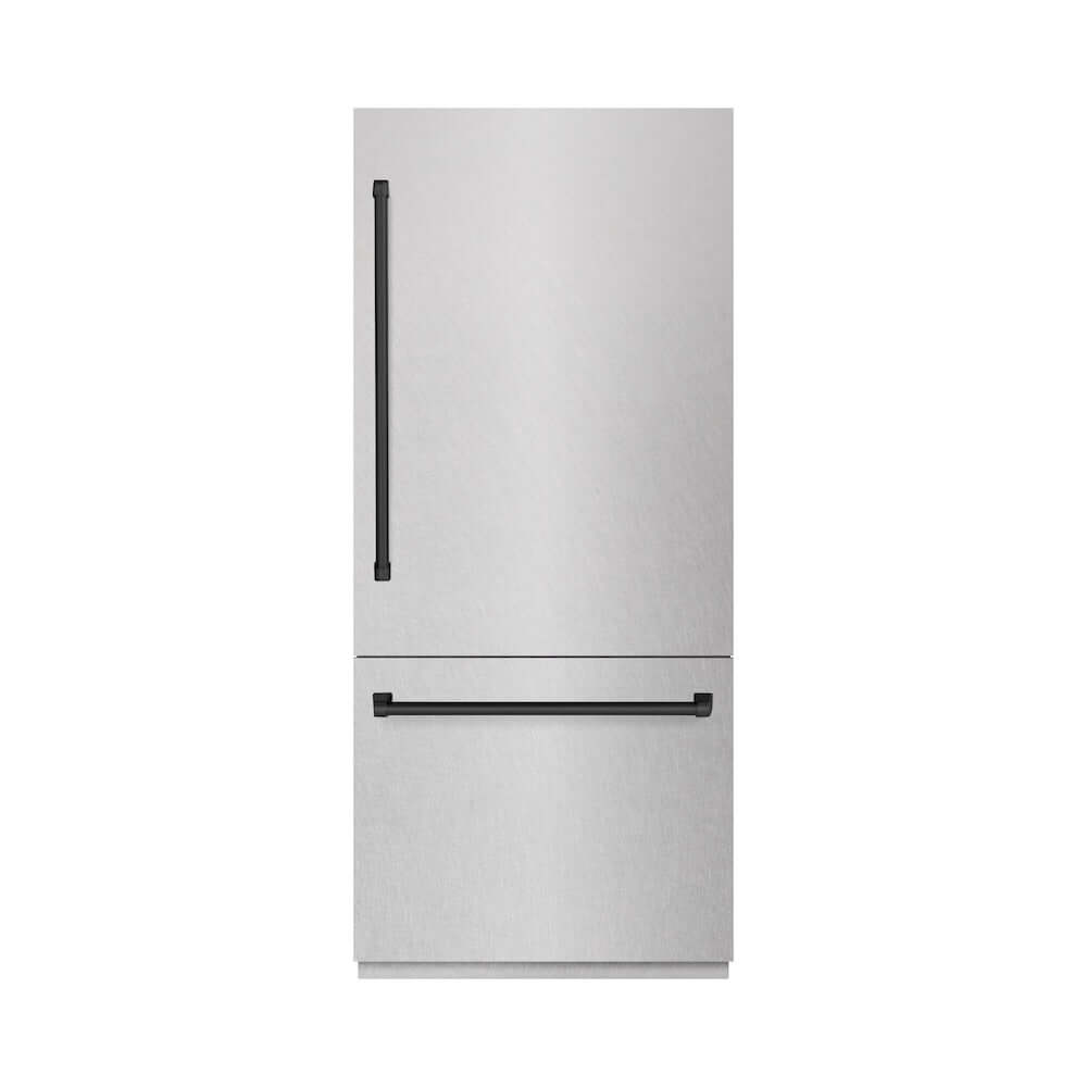 ZLINE Autograph Edition 36 Inch Built-In Bottom Freezer Refrigerator - 19.8 cu ft Capacity with Water Dispenser & Ice Maker - Satin Stainless Steel & Matte Black Accents (RBITZ SN 36 MB) - Perfect for Modern Kitchens & Open Concept Living Spaces