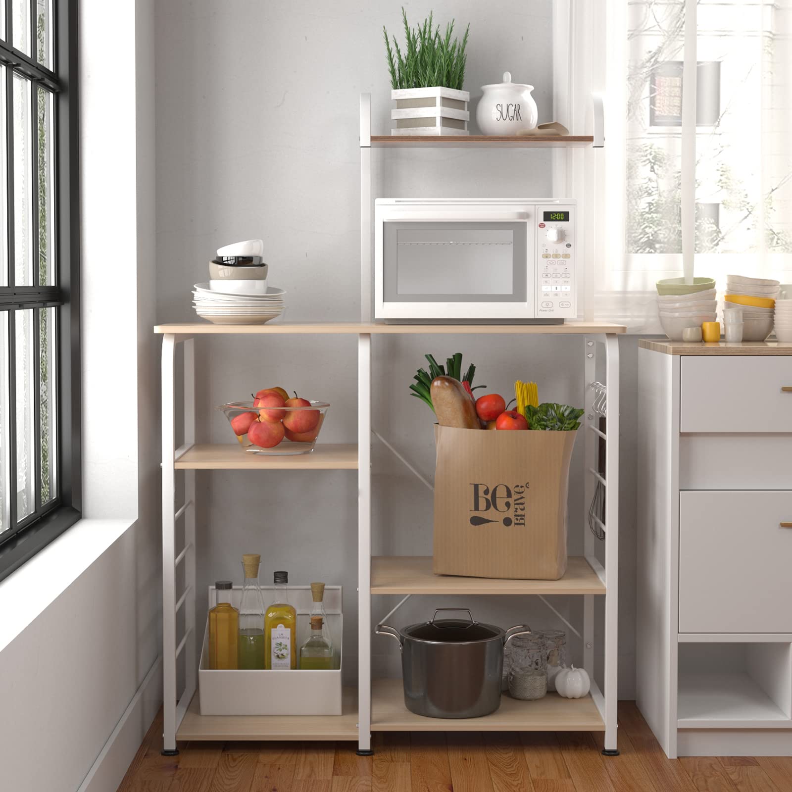 SogesPower 3-Tier & 4-Tier Kitchen Baker's Rack with Microwave Stand - White Maple Storage Shelf Organizer for Kitchen, Living Room, Pantry | Space-Saving Multifunctional Utility Shelf for Small Apartments & Home Organization