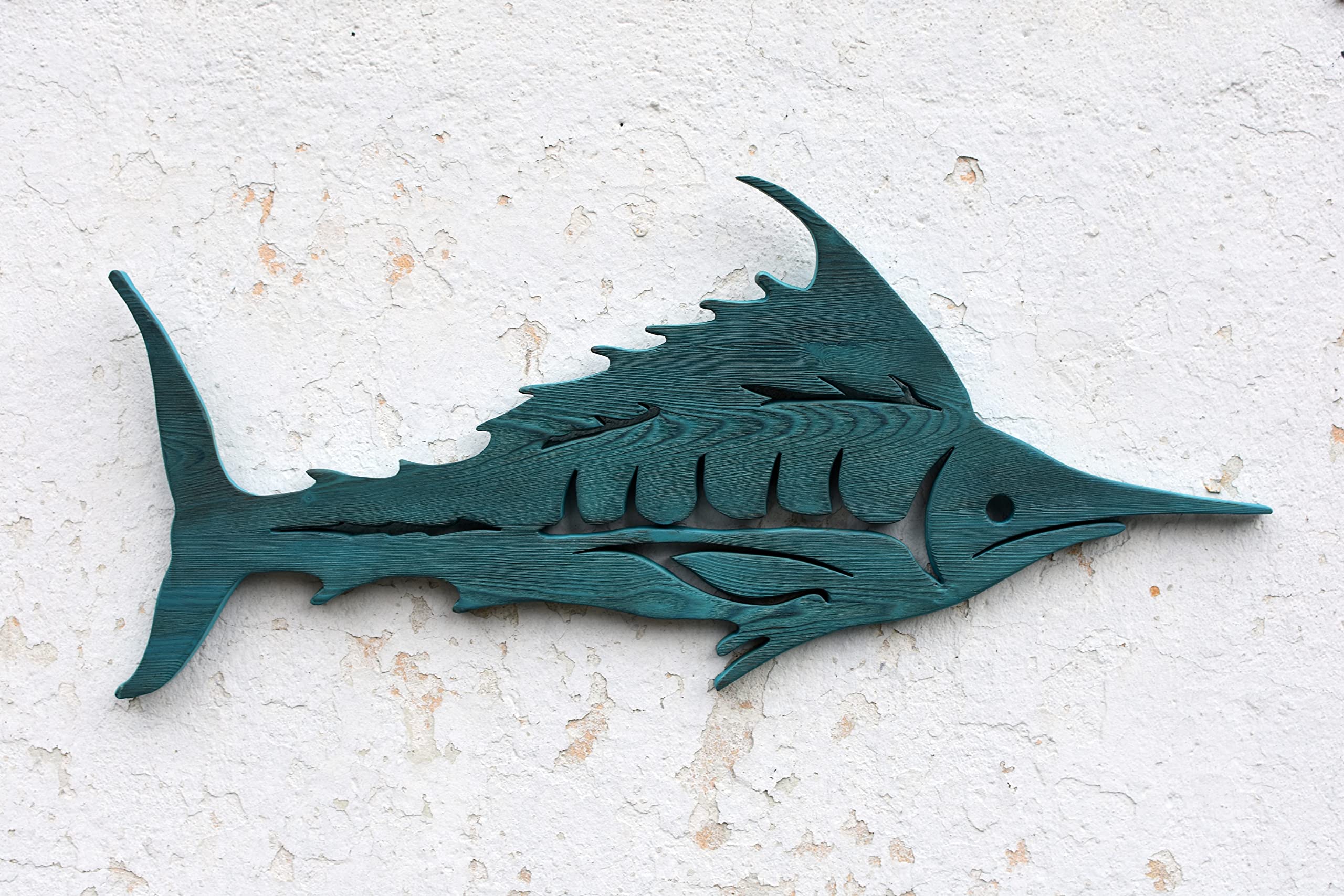 Hand Carved Wooden Marlin Wall Art - Coastal Fish Sculpture Decor for Beach House, Living Room & Office (Brown)