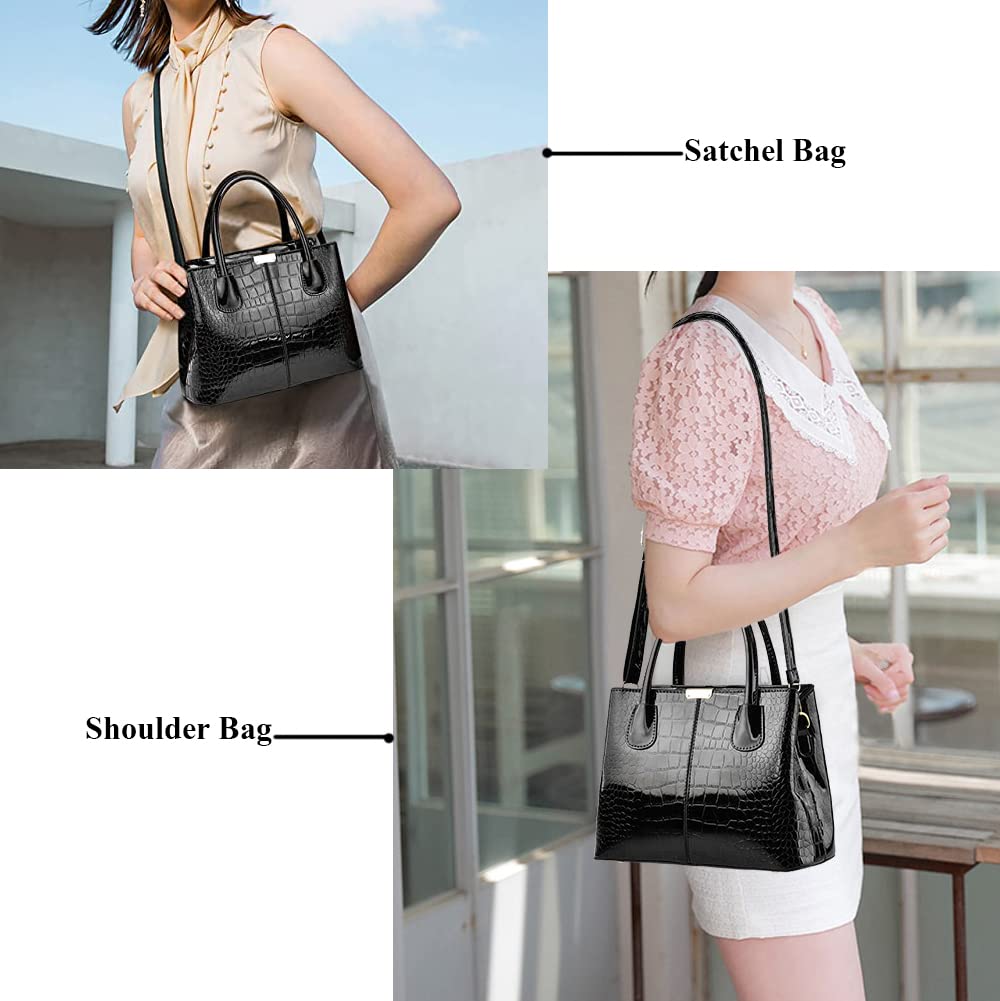 Luxury Women's Handbags - Top Handle Patent Leather Satchel with Crocodile Pattern, Fashion Tote & Shoulder Crossbody Bag for Work, Travel & Daily Use