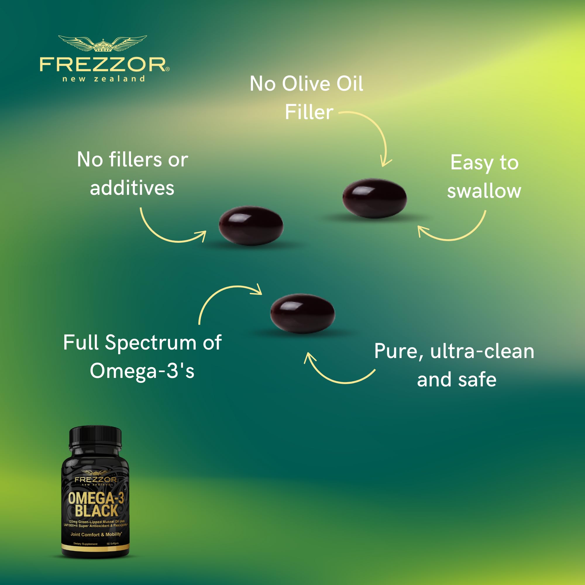 FREZZOR Omega 3 Black - Premium 1000mg Green Lipped Mussel Oil Capsules from New Zealand | Ultra High Strength UAF1000+ | Supports Joint Health, Reduces Inflammation, Boosts Heart & Immune System | 60 Capsules (4-Pack) | Ideal for Active Lifestyles, Arthritis Relief & Daily Wellness