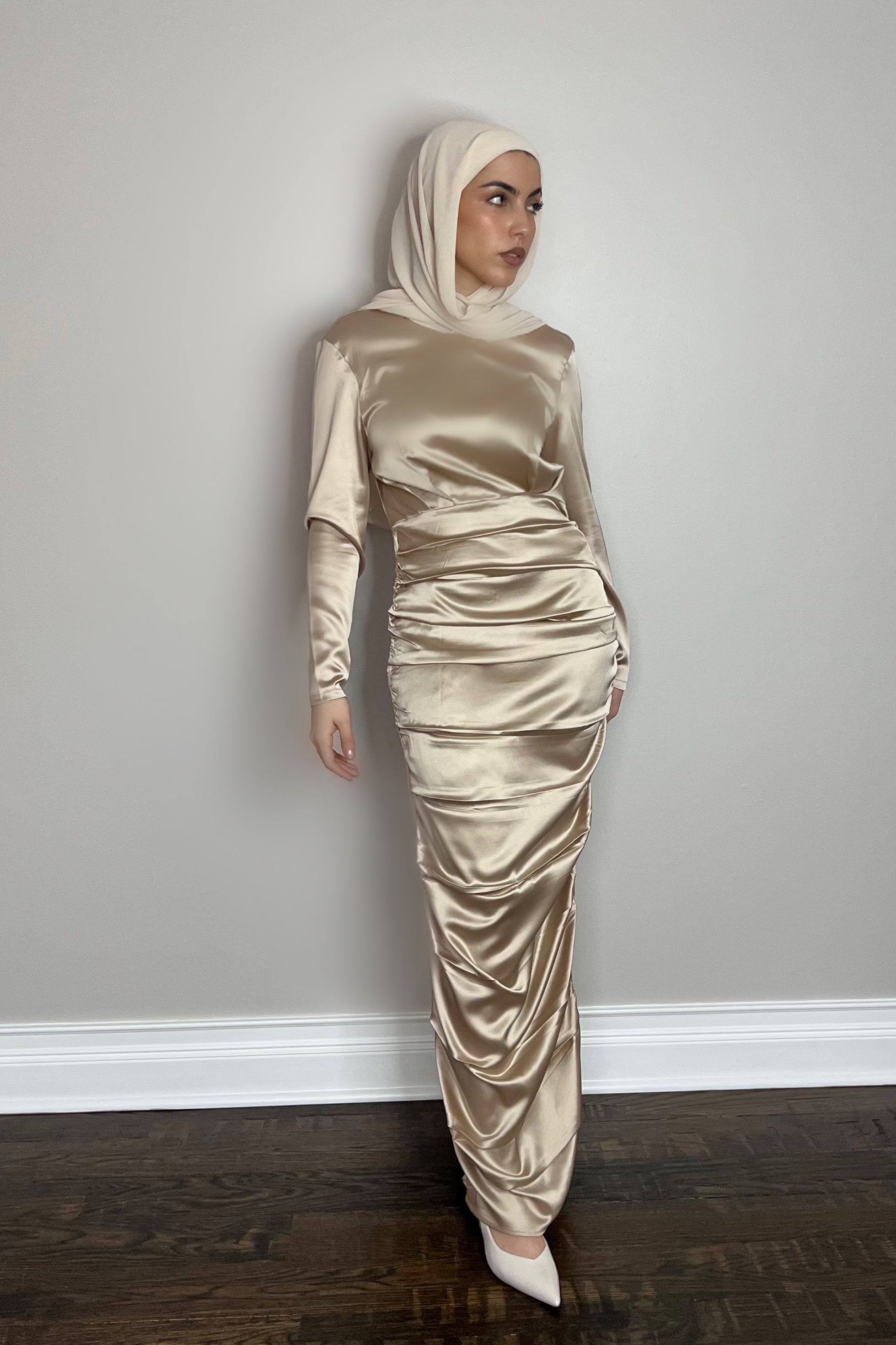 HANA SATIN DRESS in Champagne - Elegant Evening Gown for Weddings, Parties & Special Occasions | Final Sale