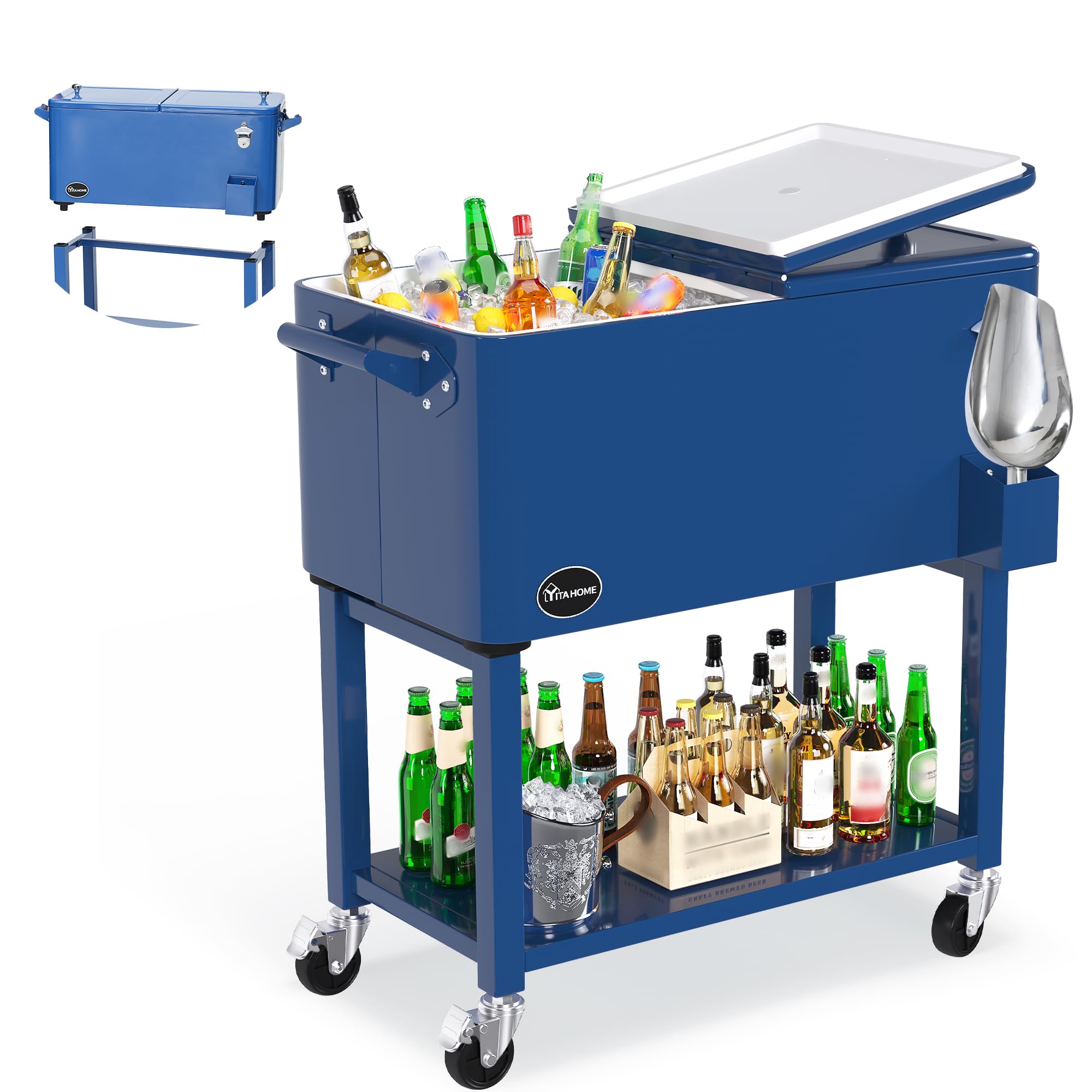 YITAHOME 80 Quart Rolling Cooler Cart with 360° Swivel Wheels - Portable Outdoor Wagon Cooler with Handles & Bottom Tray - Beverage Standing Cooler with Bottle Opener for Beach, Patio, Camping, Tailgating & Outdoor Parties