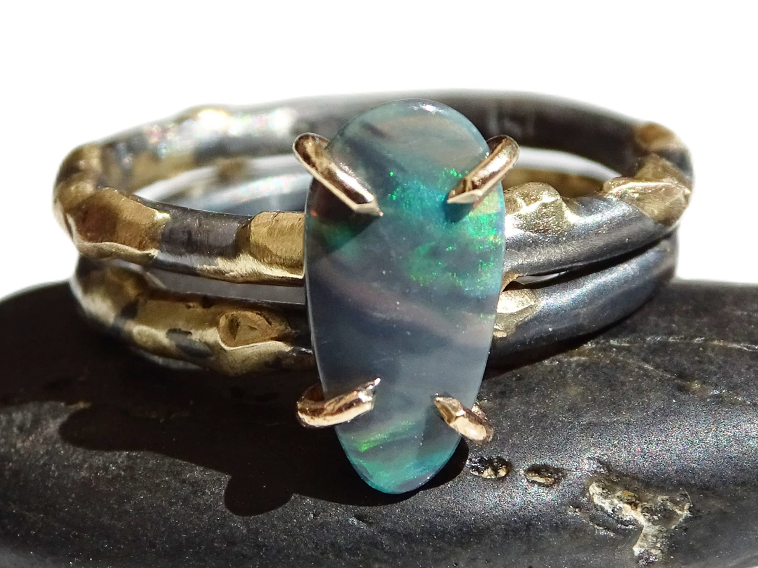 Black Opal Ring Gold & Silver, Opal Wedding Ring Set, Dainty Opal Viking Engagement Ring, Molten Opal Jewelry – Anniversary Gift for Her, Perfect for Weddings, Proposals & Special Occasions