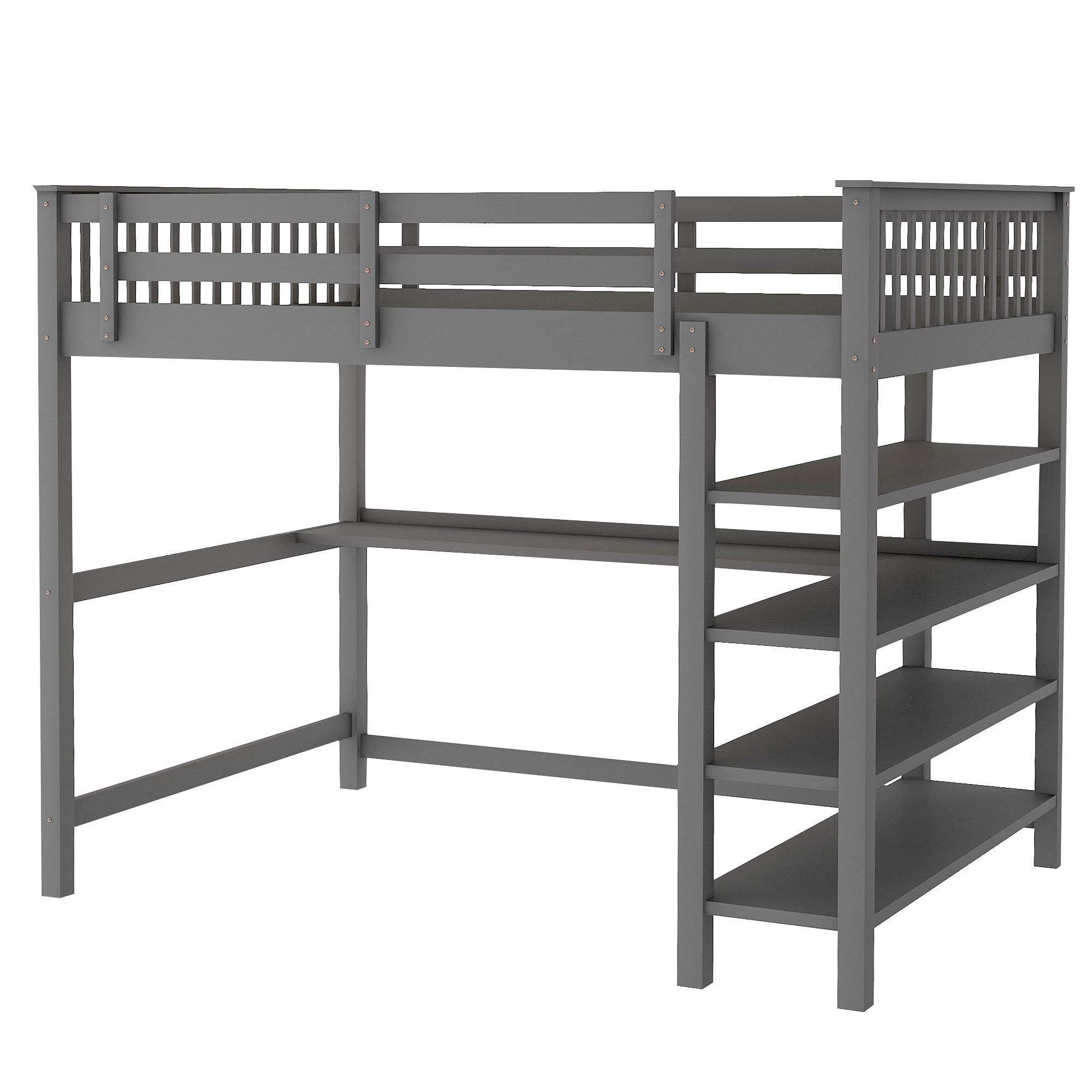 **Full Size Loft Bed with Storage Shelves & Under-Bed Desk - Wooden Bookcase Bed Frame with Stairs for Teens & Adults - No Box Spring Needed (Gray) - Perfect for Small Spaces, Dorms & Studio Apartments**