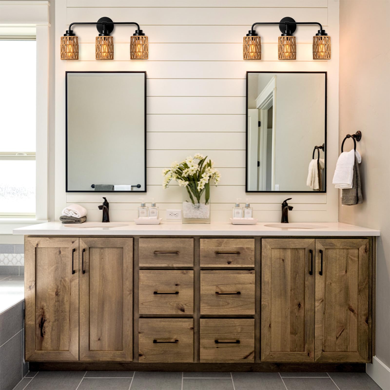 3-Light Rustic Farmhouse Vanity Lighting - Boho Rattan Wall Sconce with Hand Woven Design for Bathroom Mirror, Bedroom & Hallway - Natural Style Wall Mounted Fixture for Home Decor
