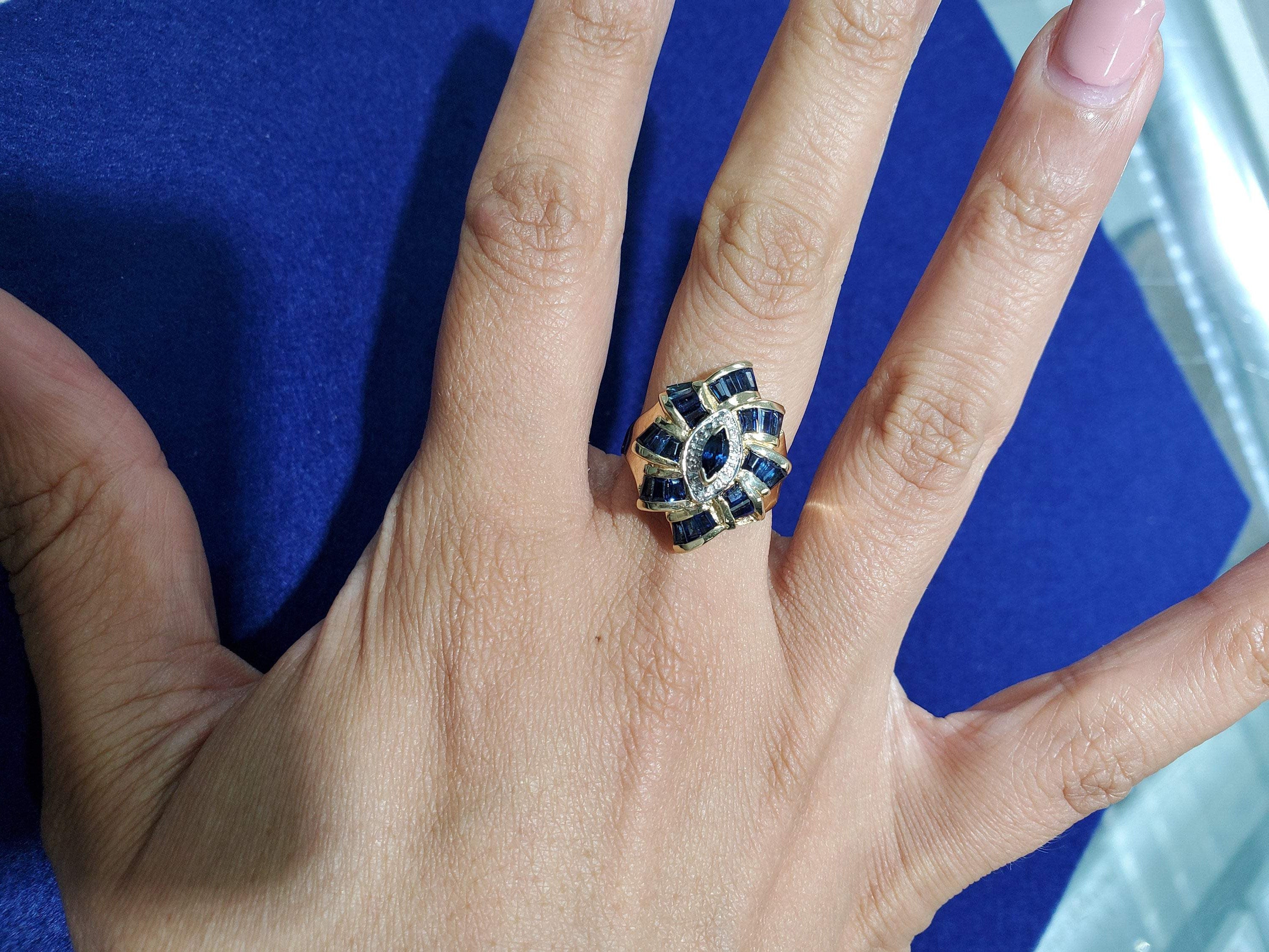 3 Carat Blue Sapphire and Diamond Cocktail Ring in 10K Yellow Gold - Elegant Evening Wear & Special Occasion Jewelry for Women