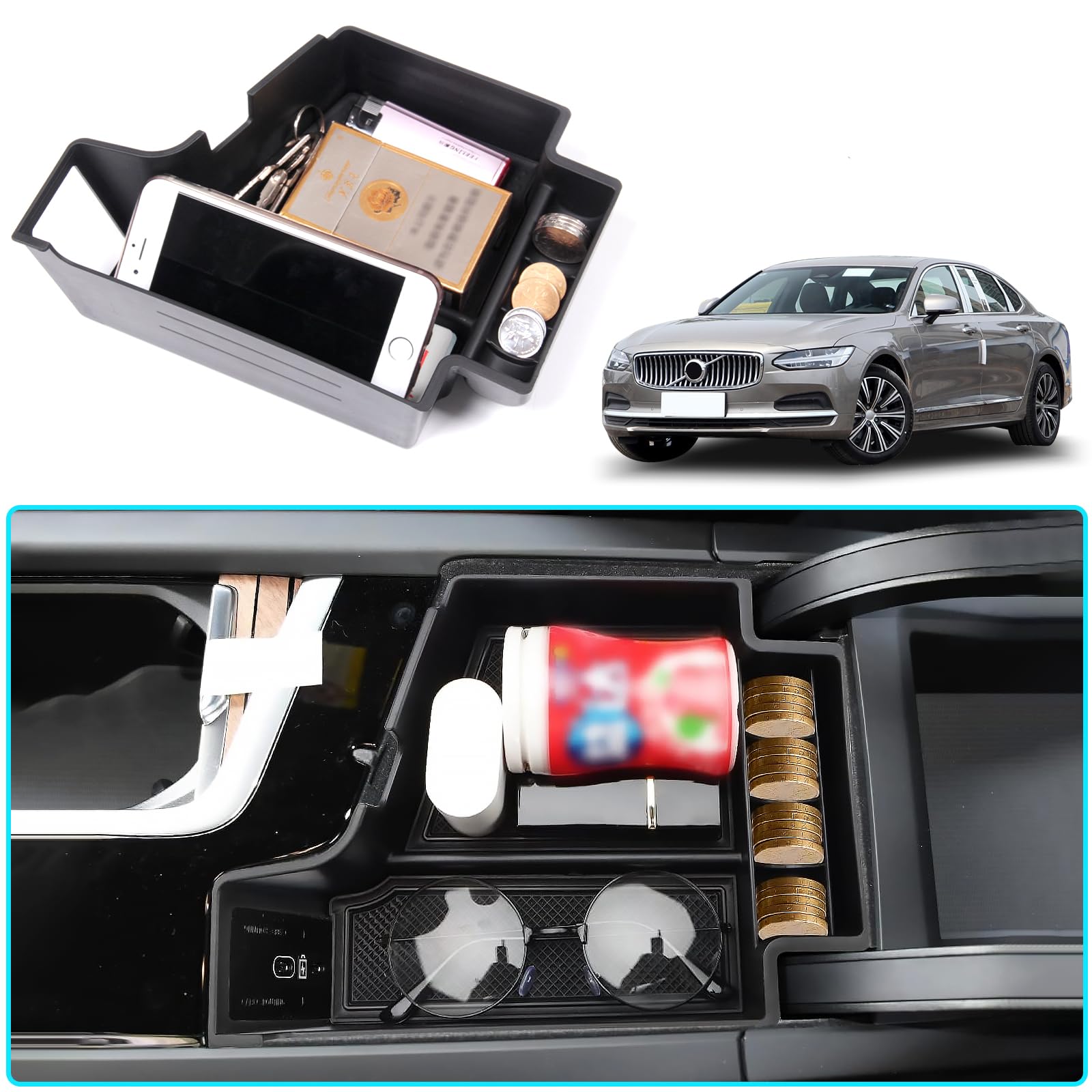 Volvo Center Console Organizer - Premium Armrest Storage Box with Phone Tray for S90 XC90 V90CC (2017-2023) & XC60 (2018-2023) - Car Accessories for Road Trips & Daily Commute