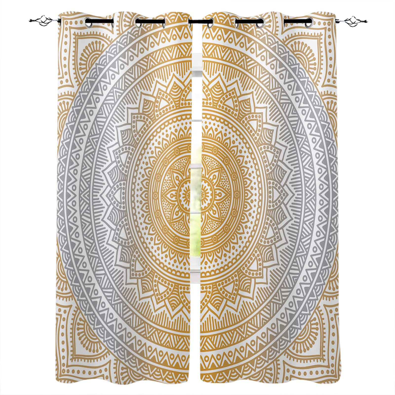 Boho Mandala Blackout Curtains - Thermal Insulated Window Drapes with Grommet Top (52x90 Inch, 2 Panels) | Gradient Orange Grey Darkening Curtains for Bedroom, Living Room & Kitchen | Perfect for Light Blocking, Privacy & Home Decor