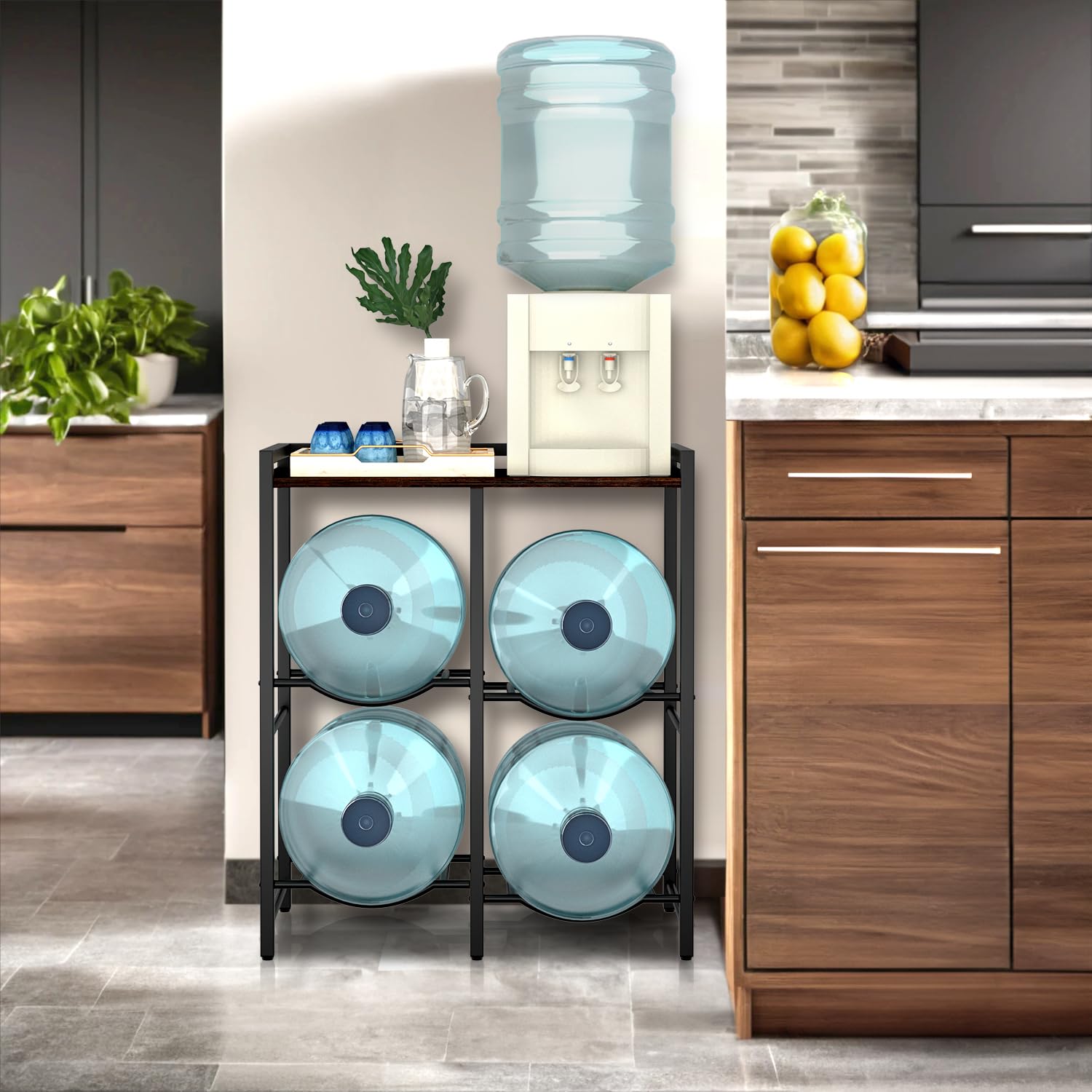5 Gallon Water Jug Holder Stand for 4 Bottles - Heavy Duty Rustic Brown Wood Top Shelf Water Dispenser Organizer - Perfect for Home Kitchen, Office, Living Room & Outdoor Camping Use