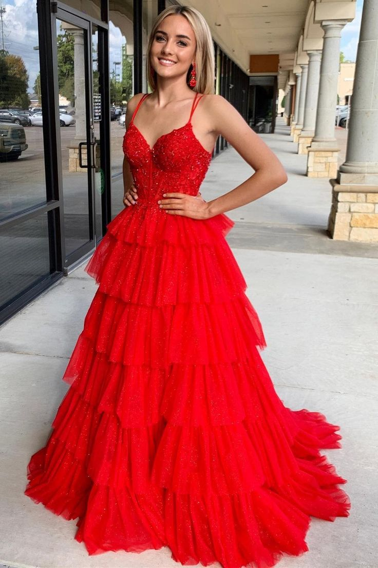 Elegant A-Line Red Tulle Long Prom Dress with Tiered Skirt - Perfect for Formal Parties, Homecoming, and Evening Events | Style J5105