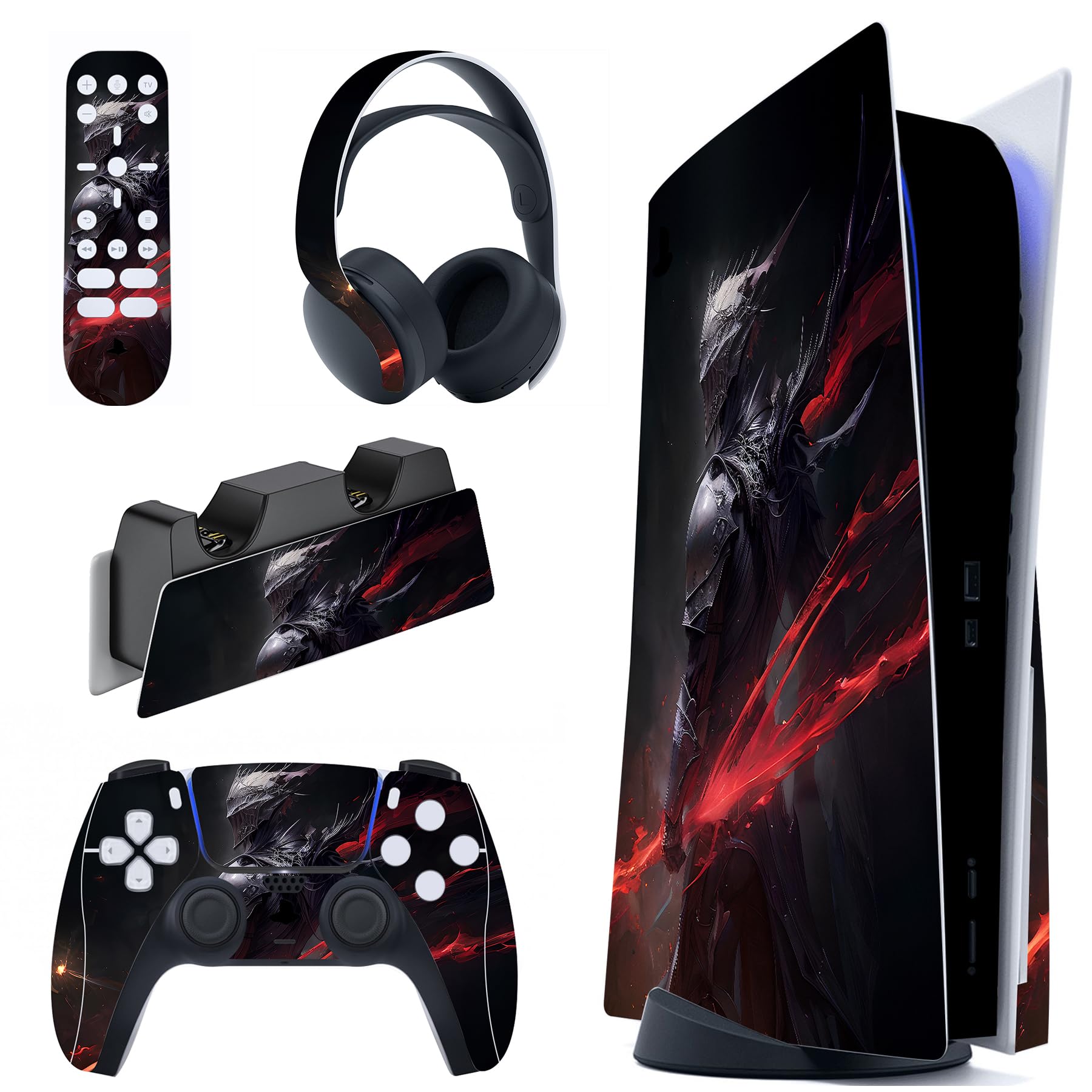 PlayVital Abyss Knight Full Skin Decal Set for PS5 Console Disc Edition - Protective Vinyl Stickers for PS5 Controller, Charging Station, Headset & Media Remote - Gaming Accessories for Enhanced Console Protection & Style