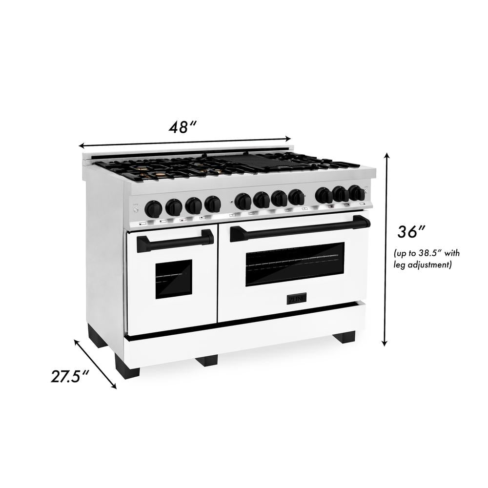 ZLINE Autograph Edition 48-inch Stainless Steel Dual Fuel Range with White Matte Door, Range Hood & Dishwasher - Matte Black Accents (3AKP RAWMRHDWM48 MB) | Professional Kitchen Package for Home Chefs & Modern Culinary Enthusiasts
