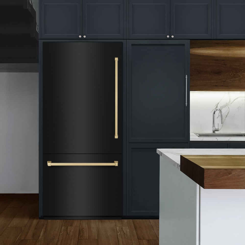 ZLINE Autograph Edition 36 Inch Built-In Bottom Freezer Refrigerator - 19.8 cu.ft Capacity, Black Stainless Steel with Champagne Bronze Accents, Water Dispenser & Ice Maker - Perfect for Modern Kitchens & Open Concept Homes (Model RBITZ BS 36 CB)