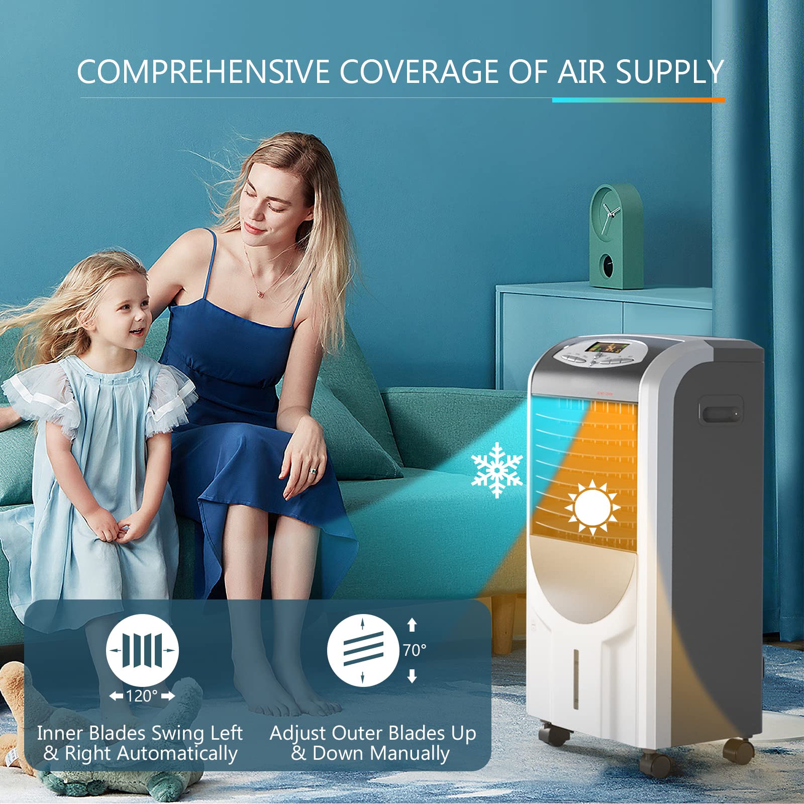 KOTEK 5-in-1 Portable Evaporative Air Cooler & Heater with Anion Function - Bladeless Quiet Cooling Fan with Remote Control, 8H Timer, 3 Modes & 3 Speeds - Perfect for Home, Office, Bedroom and Living Room Cooling