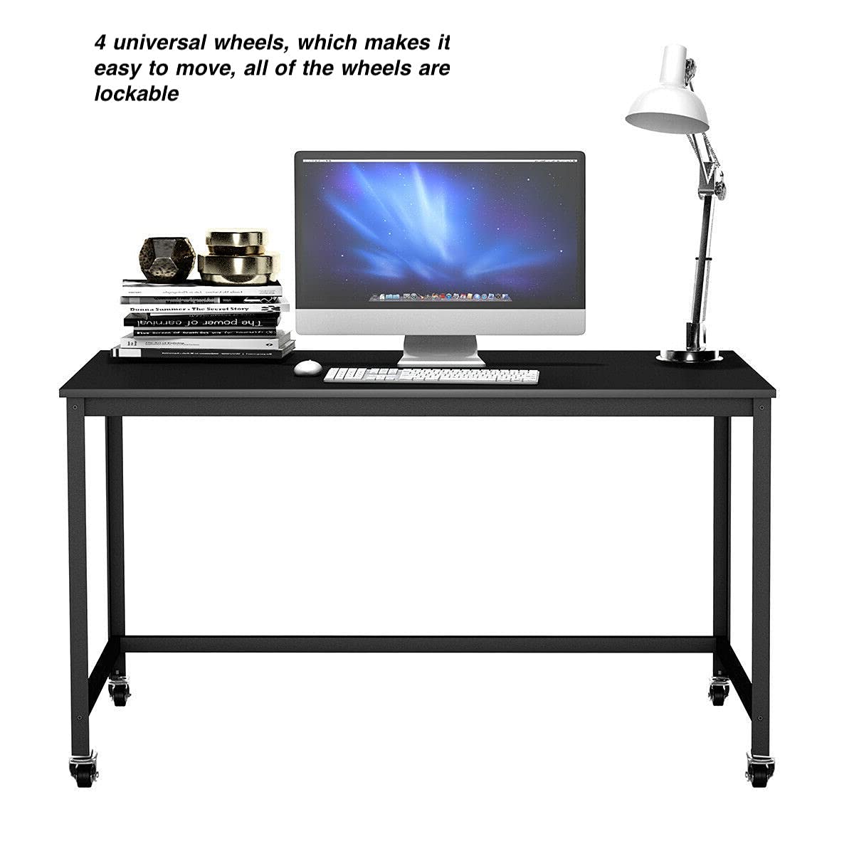 Black Rolling Computer Desk - Adjustable Laptop Workstation with Wheels, Large Full-Size Study Table for Home Office, Gaming & Workspace - Ideal for Writing, Reading, Business & Personal Use in Living Room or Bedroom