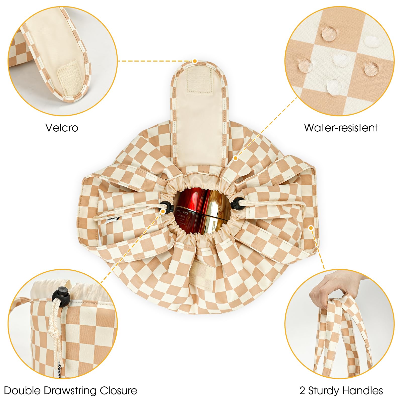 Narwey Checkered Makeup Bag Large Travel Toiletry Organizer for Women & Girls - Perfect for Travel & Gifting (Brown Checkerboard)