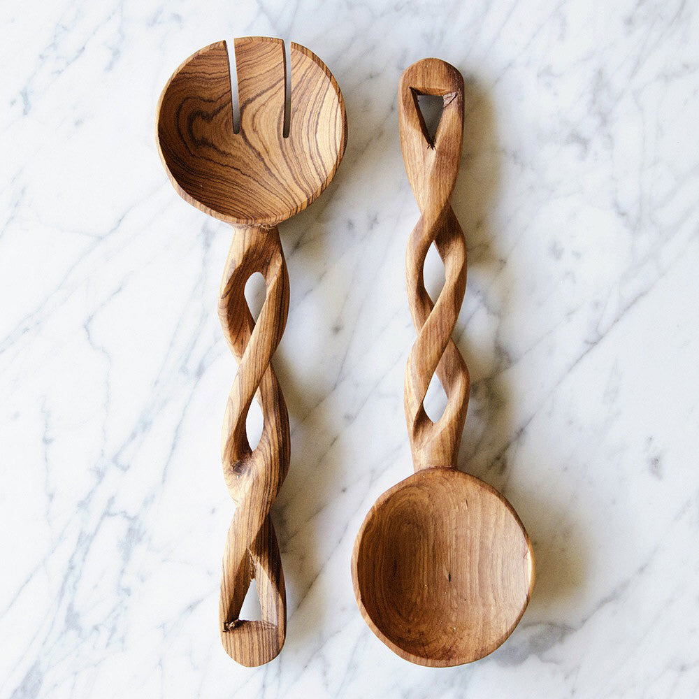 Premium Twisted Olive Wood Salad Servers Set - Handcrafted Natural Wood Utensils for Serving Salads, Pasta, and Appetizers - Perfect for Dinner Parties, Picnics, and Holiday Gatherings