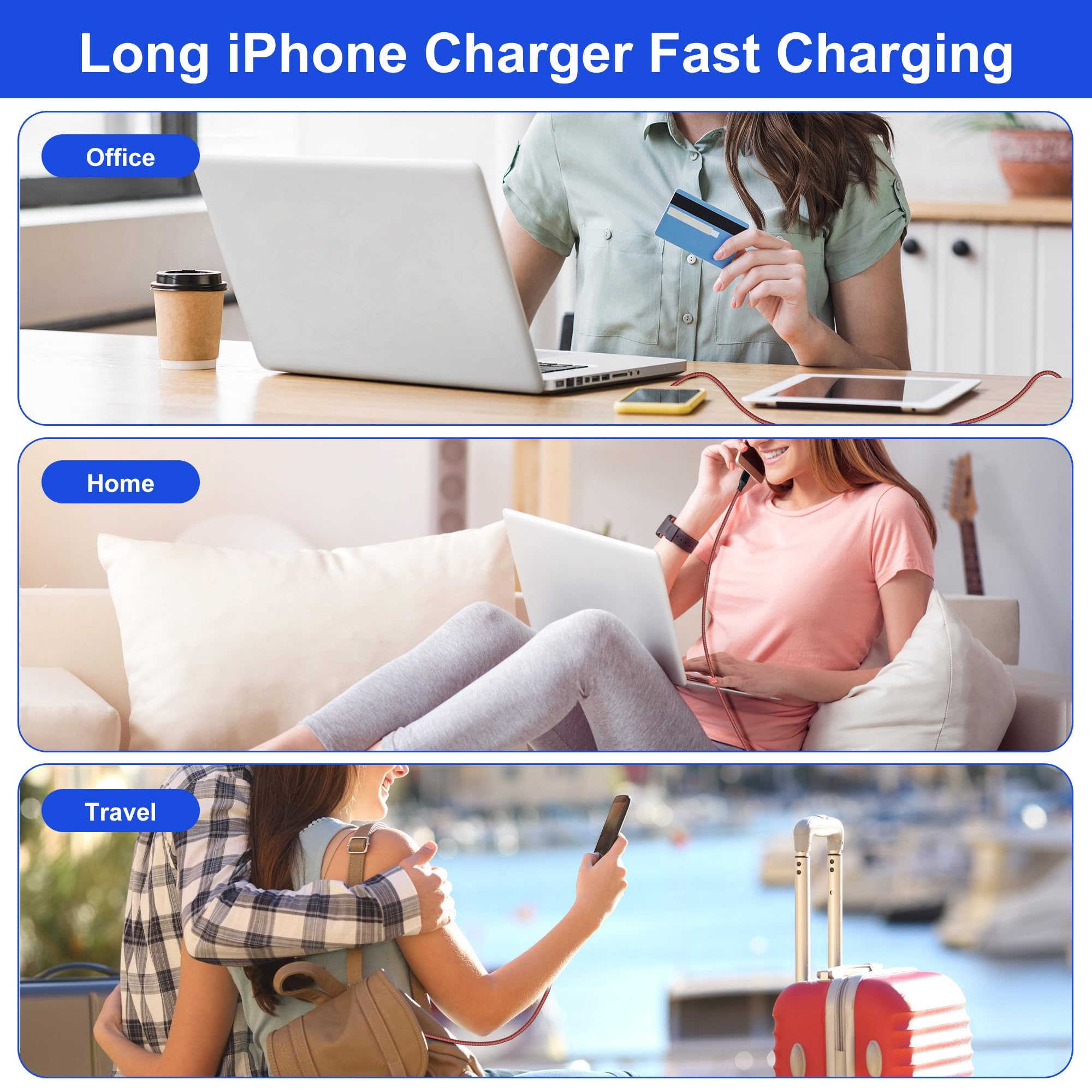 26FT MFi Certified USB-C to Lightning Cable - Fast Charging Braided Extra Long Apple Charger for iPhone 14/14 Pro/14 Pro Max/13/12, iPad & AirPods - Perfect for Home, Office & Travel Use