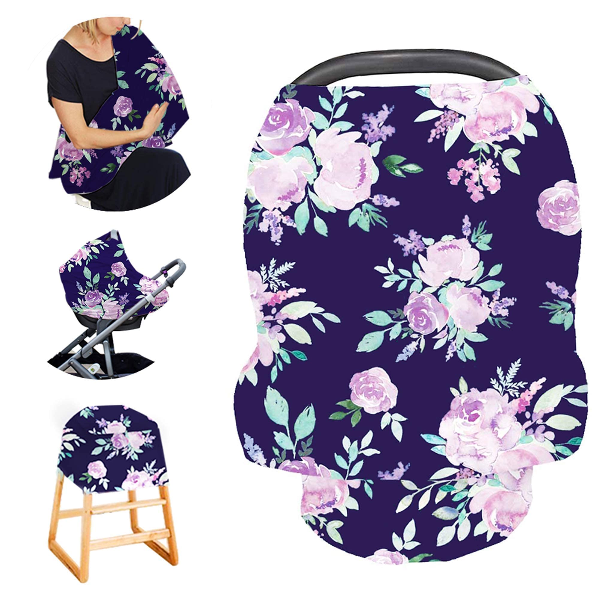 Purple Floral Nursing Pillow Cover & Car Seat Cover Set - Soft Baby Boy & Girl Breastfeeding Pillow Slipcover with Stroller Canopy - Newborn Nursing Essentials for Comfortable Feeding & Travel Protection (Perfect for Home, Car & On-the-Go Parenting)