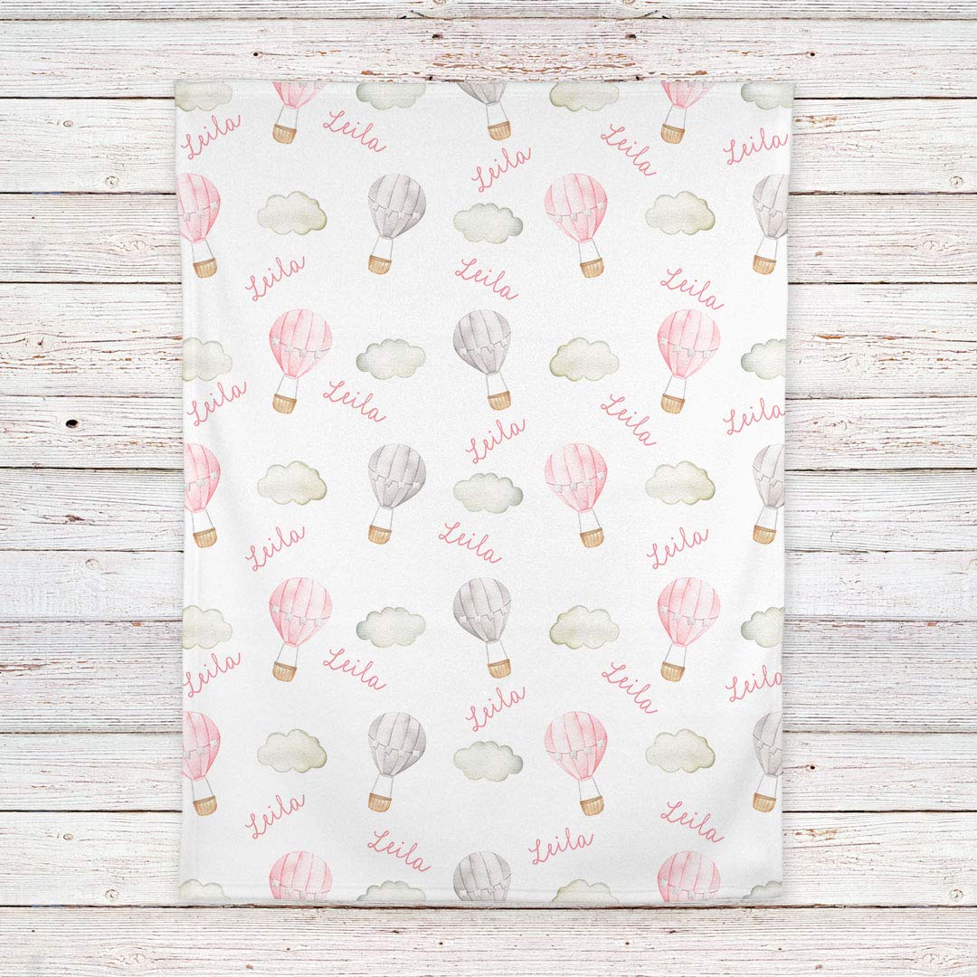 Personalized Baby Swaddle Blanket with Hot Air Balloon Design - Soft Pink Receiving Blanket for Newborns, Baby Showers & Photo Props