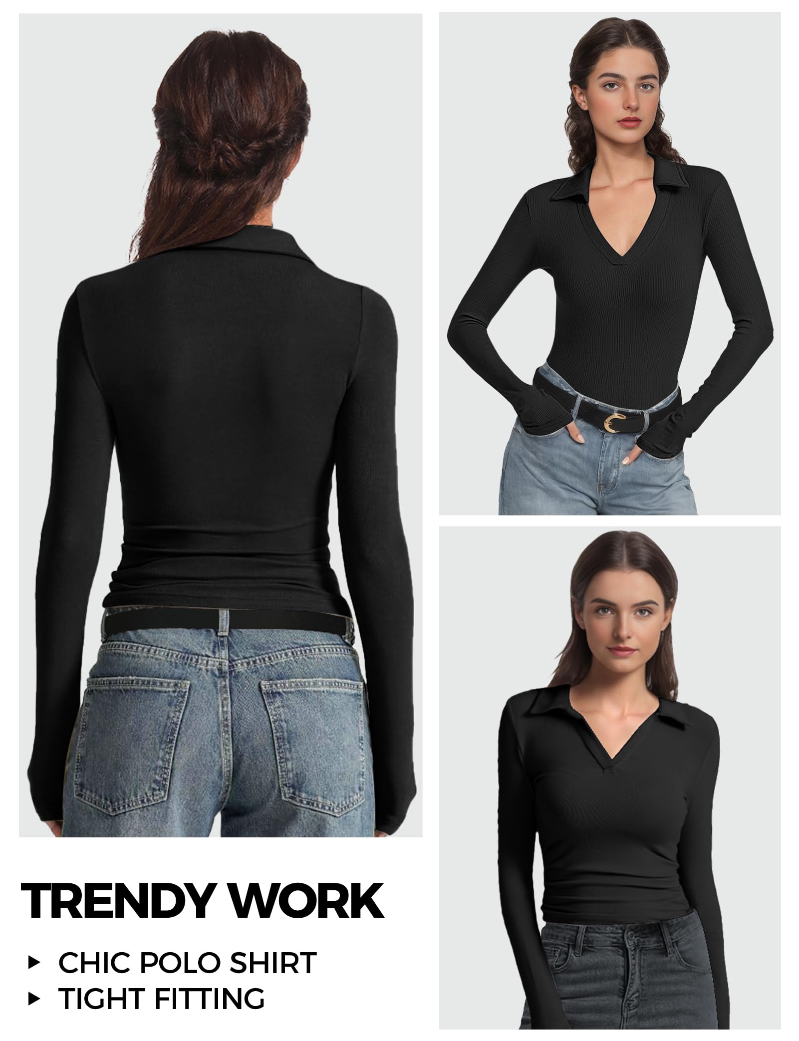 Women's Long Sleeve V-Neck Polo Shirts - Business Casual Work Tops, Slim Fit Collared Shirts for Office & Fall Outfits | Perfect for Workwear, Business Meetings & Smart Casual Occasions