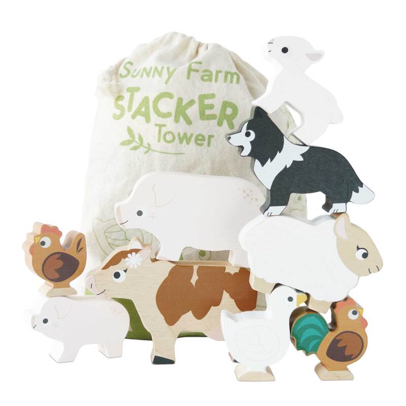 Petilou Wooden Farm Animal Stacking Toys with Storage Bag - Montessori Learning Toys for Toddlers, Perfect for Farm-Themed Playrooms & Early Childhood Education