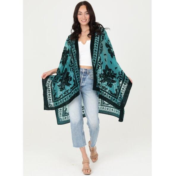 Stylish Forest Burnout Velvet Kimono Robe - Soft Lounge Wear for Women, Boho Chic Cover Up, Perfect for Spa Days, Beach Vacations & Cozy Evenings at Home