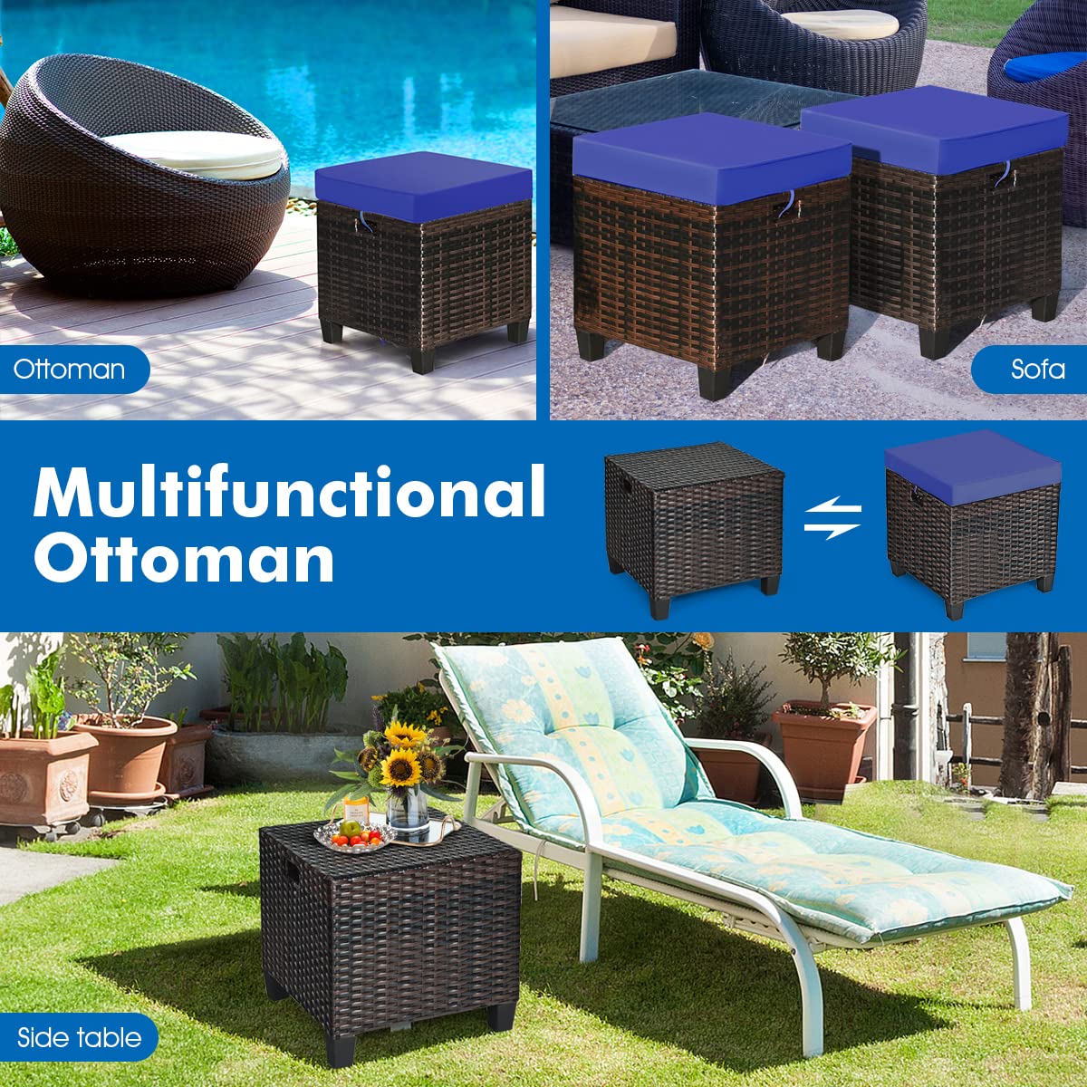2-Piece Mocha Patio Furniture Set - All-Weather Rattan Outdoor Footstool & Ottoman with Removable Navy Blue Cushions - Perfect for Poolside Lounging, Garden Seating & Backyard Relaxation