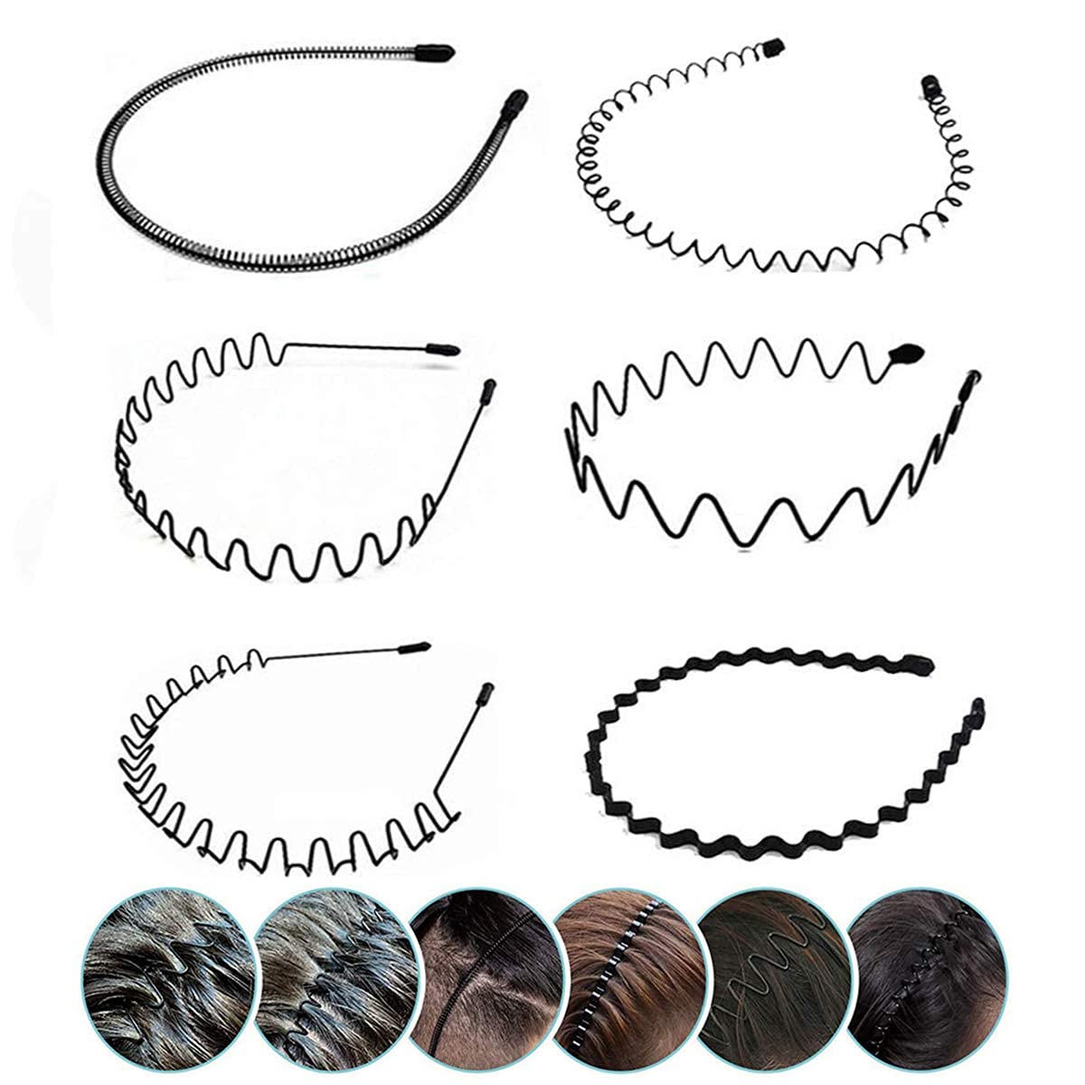 Fameza Elastic Wavy Spring Wave Hair Band - 6 Pack Black Non-Slip Metal Hair Hoop for Women & Men | Unisex Sport & Fashion Hair Accessories | Perfect for Workouts, Yoga, Running & Daily Styling