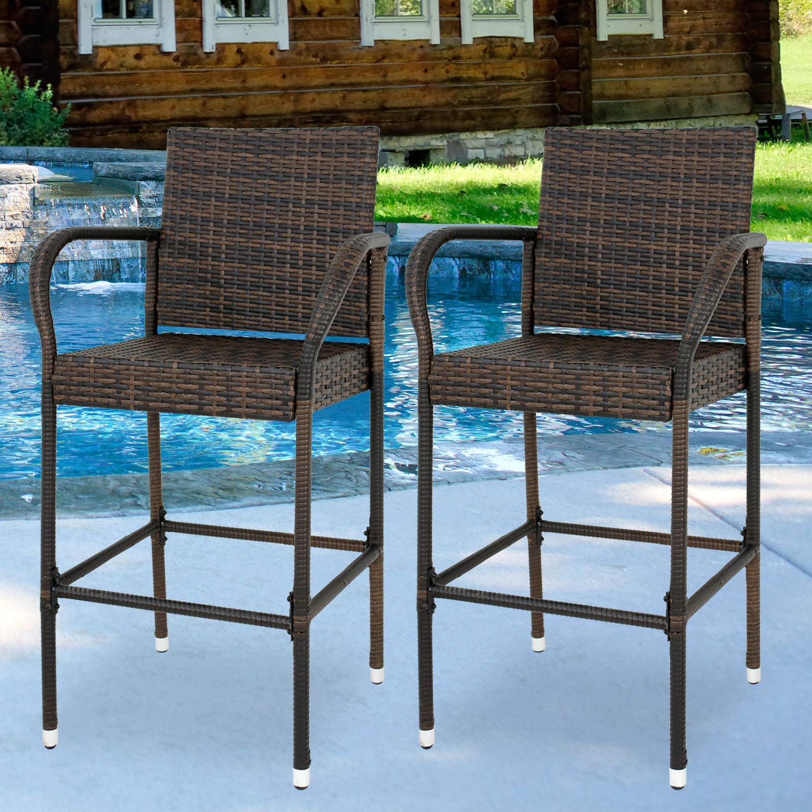 ZENY Set of 2 All-Weather Wicker Bar Stools with Armrests - Outdoor Patio Dining Chairs for Backyard, Poolside & Garden Seating