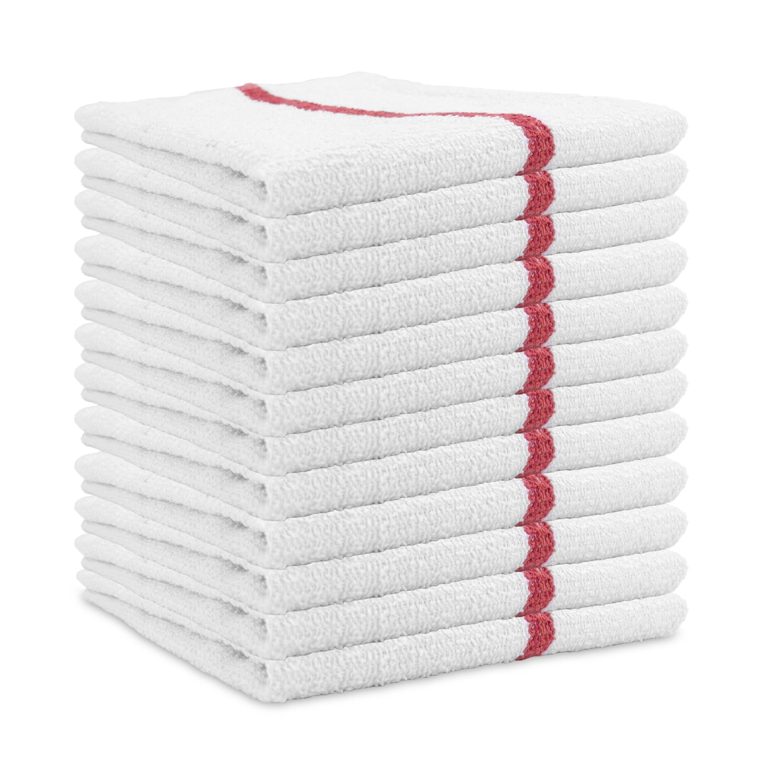 Arkwright Qwick Wick Bar Mop Towels - Pack of 12 | 100% Cotton Quick Dry Dishcloths | Super Absorbent Cleaning Rags for Kitchen, Bathroom & Restaurant | 16x19 Inches | Red Stripe | Perfect for Dish Drying, Counter Wiping & Spill Cleanup
