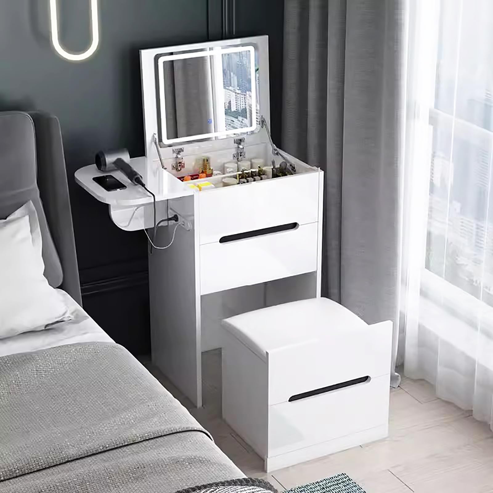 Modern LED Vanity Desk with Mirror & Storage - White Makeup Dressing Table for Bedroom