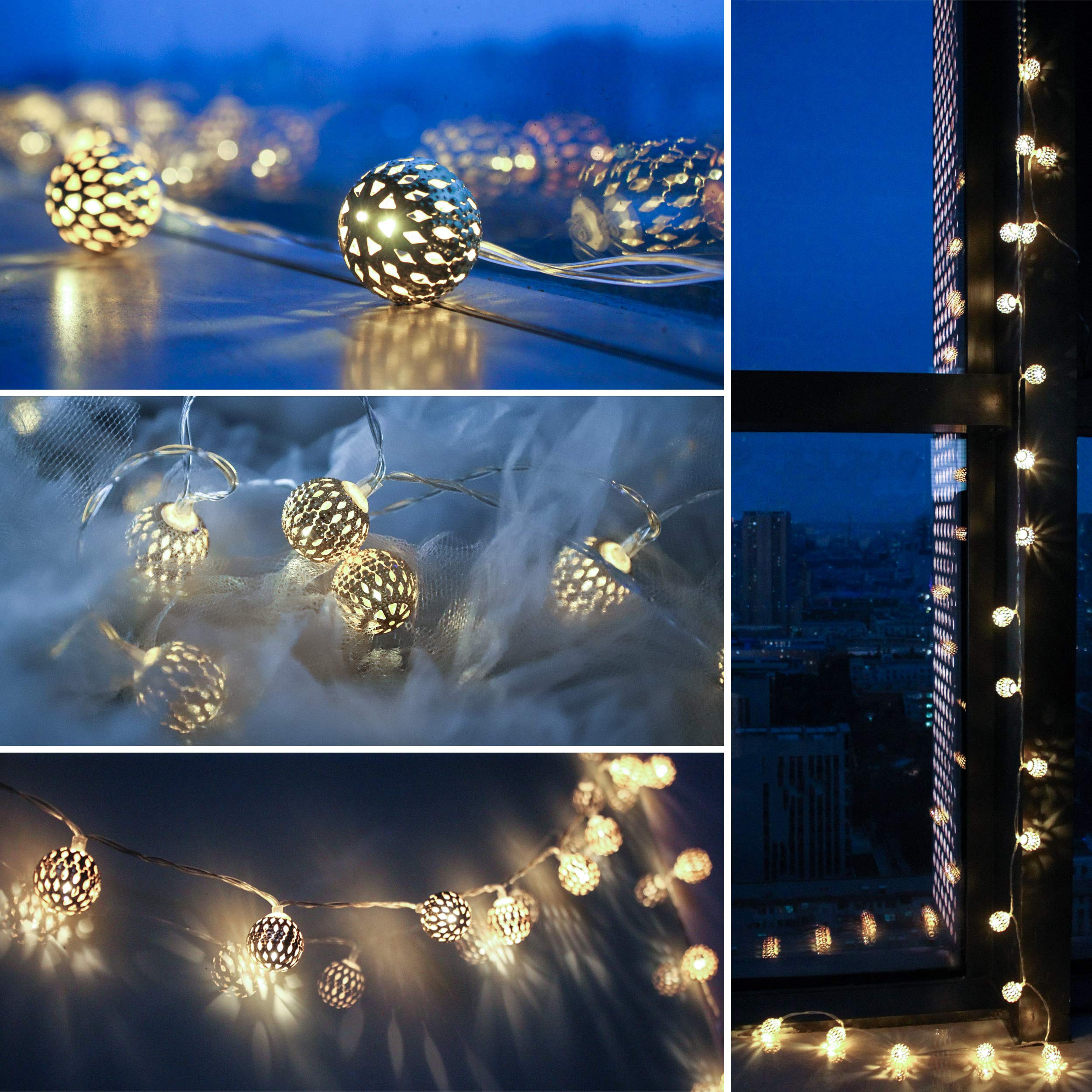 Battery Powered Moroccan String Lights - 40 Silver LED Globe Lights with Timer, Warm White for Wedding, Party, Holiday & Home Decor | 16 ft Auto On/Off | Perfect for Christmas, Birthday & Outdoor Events