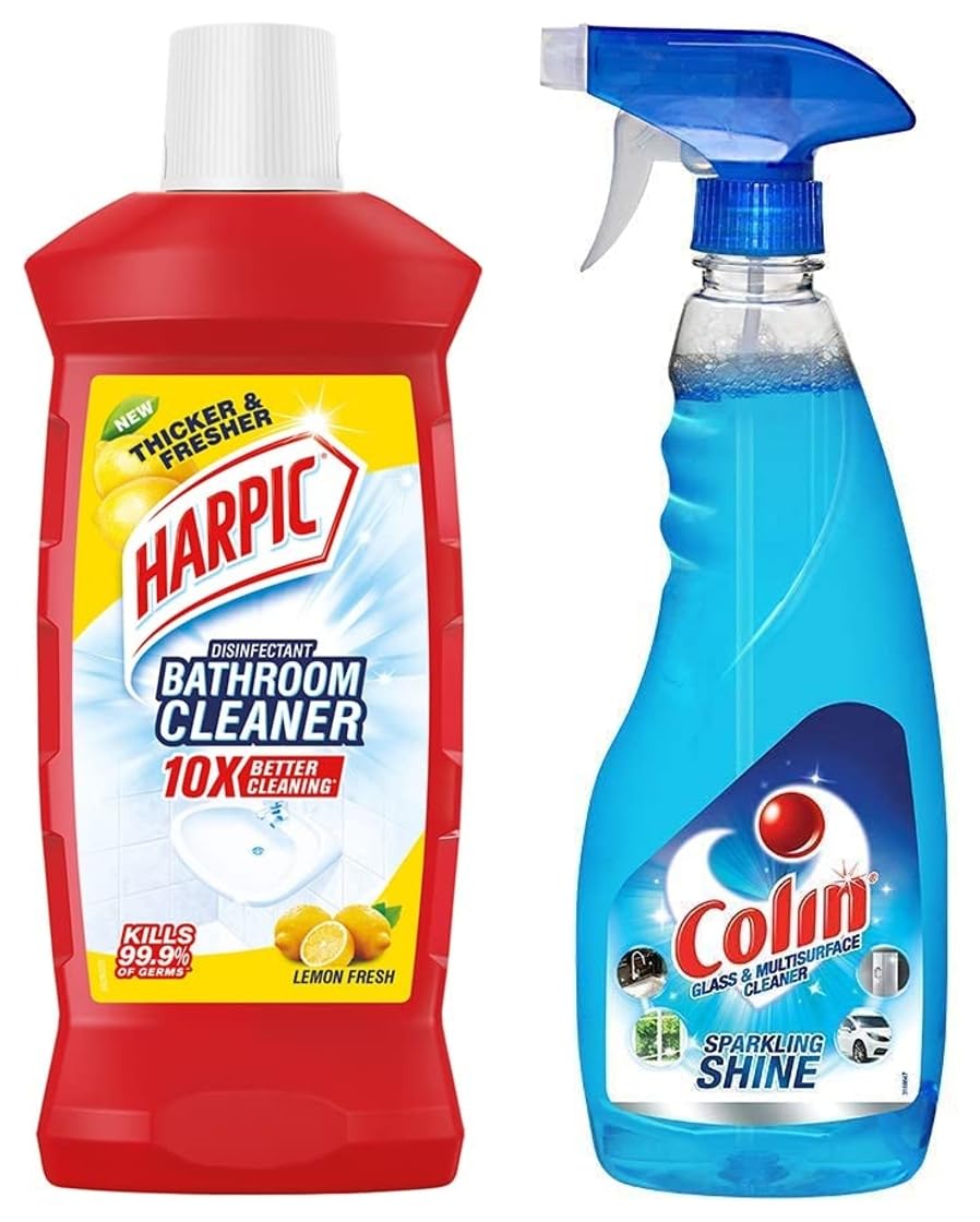 Harpic Lemon Bathroom Cleaner Liquid (1 Liter) & Colin Glass and Surface Cleaner Spray (500ml) - Powerful Cleaning Duo for Bathrooms, Mirrors, Tiles, and Kitchen Surfaces - Ideal for Homes, Offices, and Commercial Spaces