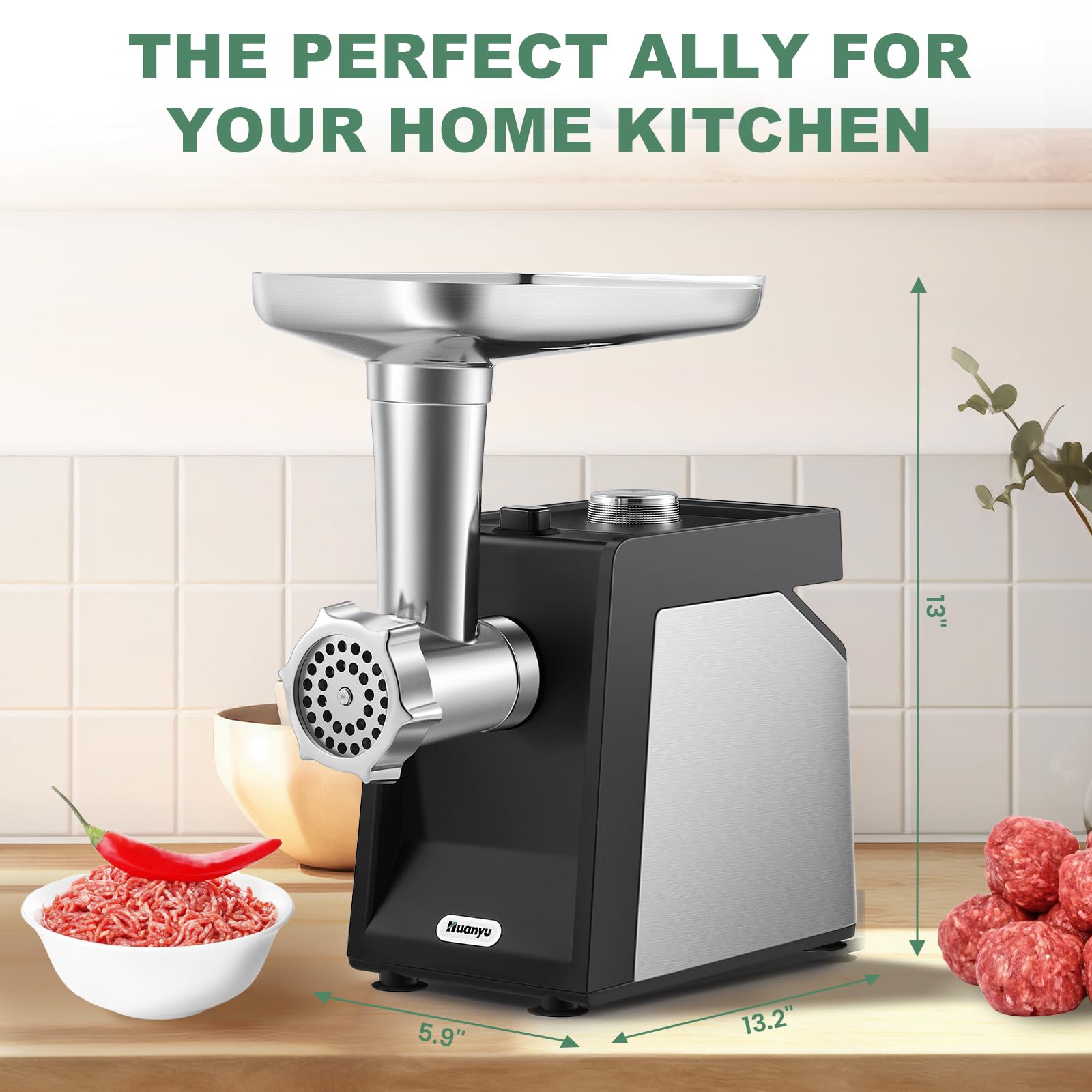 Huanyu 800W Electric Meat Grinder for Home Use - Includes 2 Blades, 4 Plates, Sausage Tube & Kubbe Kit (110V) | Perfect for Grinding Beef, Pork, Making Sausages & Homemade Pet Food